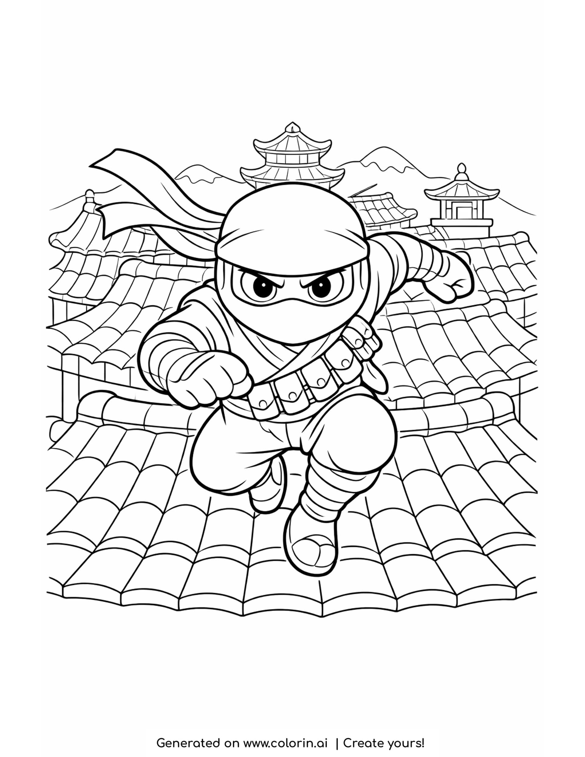 ninja on a rooftop coloring pages - ninja running across curved roof tiles with a streaming scarf and pagodas behind