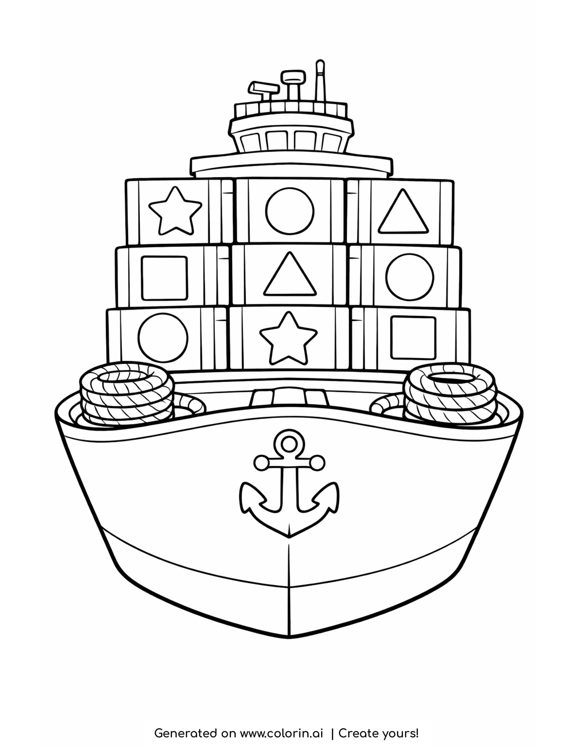 container ship coloring pages - a cargo ship seen from the bow with nine stacked containers marked with stars, circles, triangles and squares