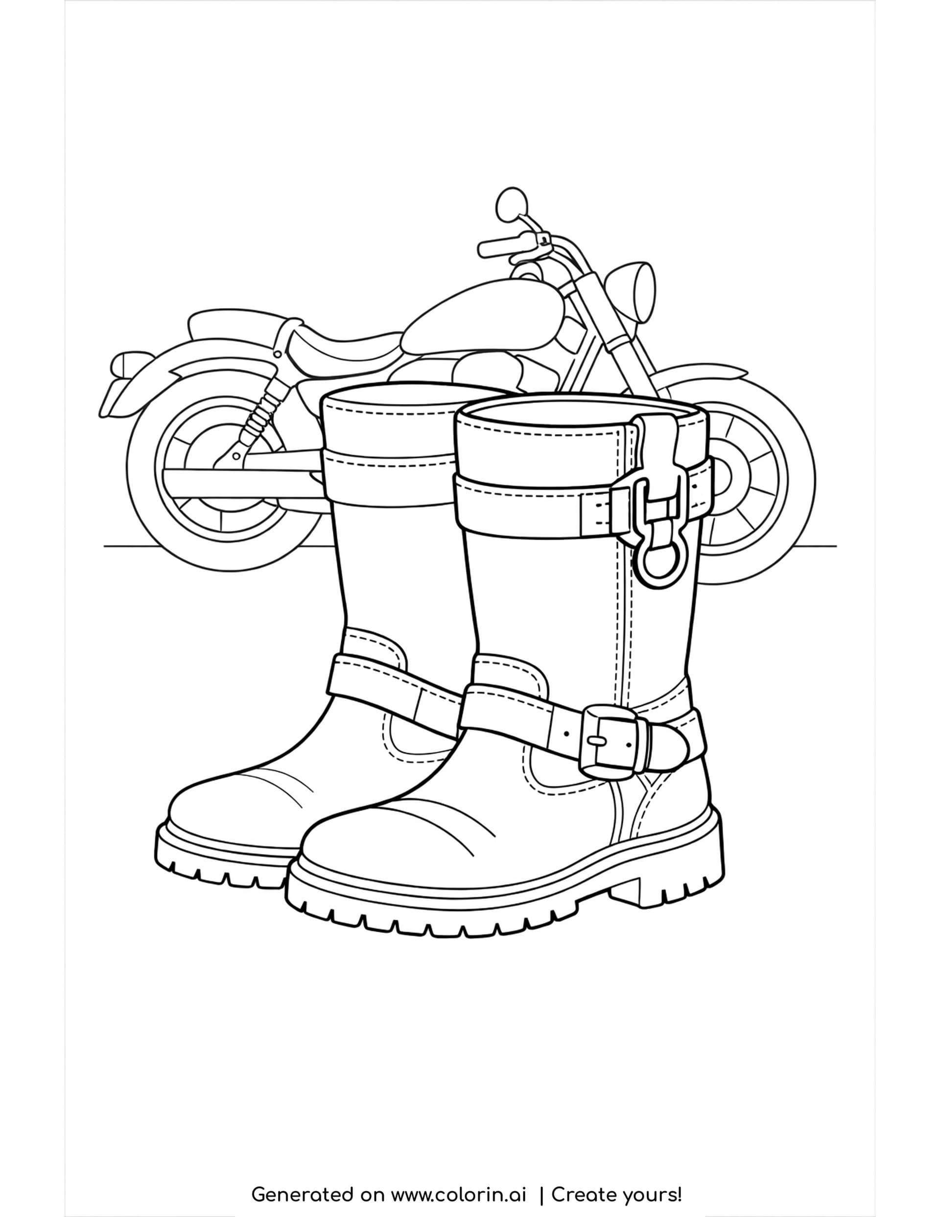 boots coloring pages - bold pair of riding boots with buckles and thick soles standing in front of a motorcycle