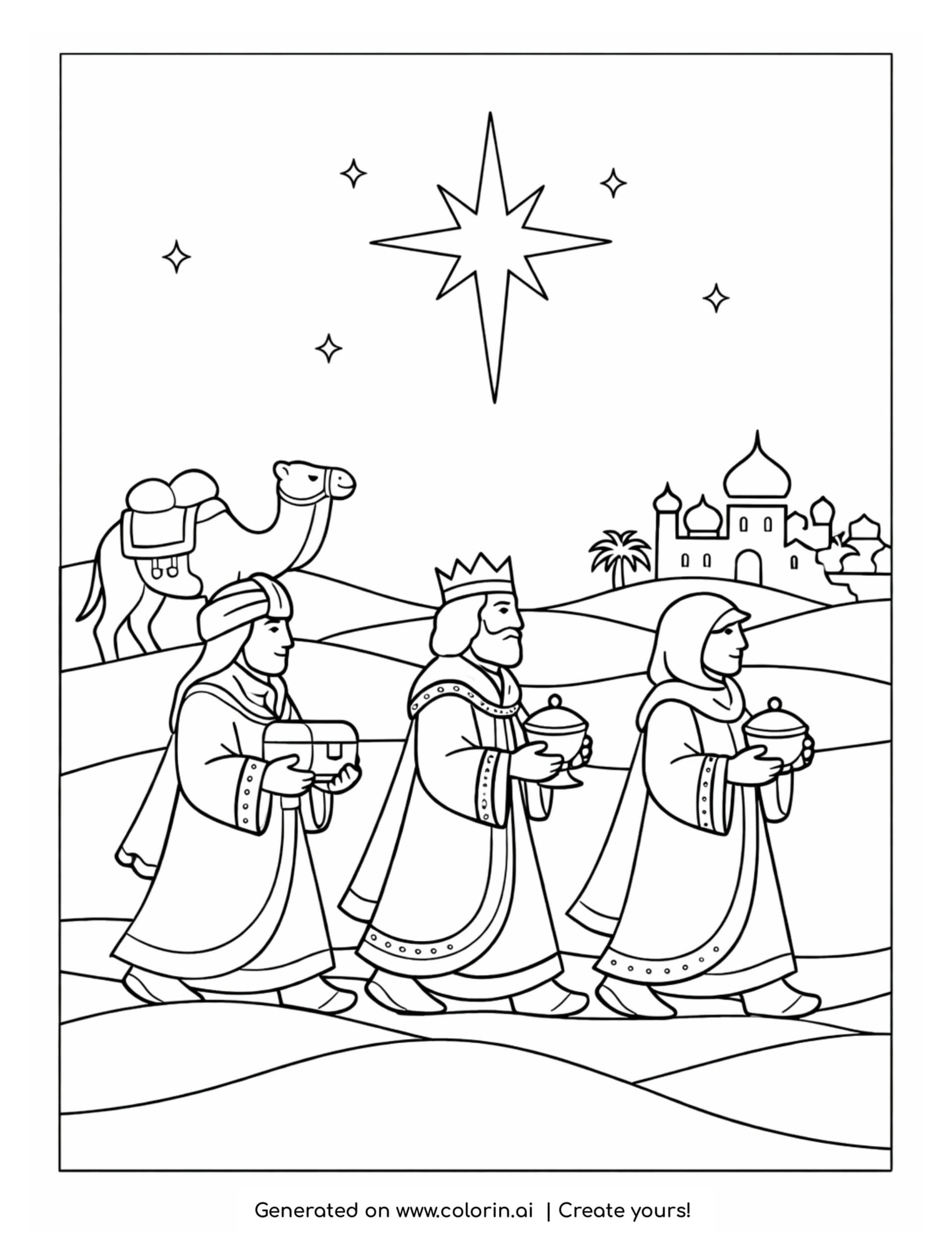 christian christmas coloring pages, three wise men carrying gifts and a camel following a bright star toward a city