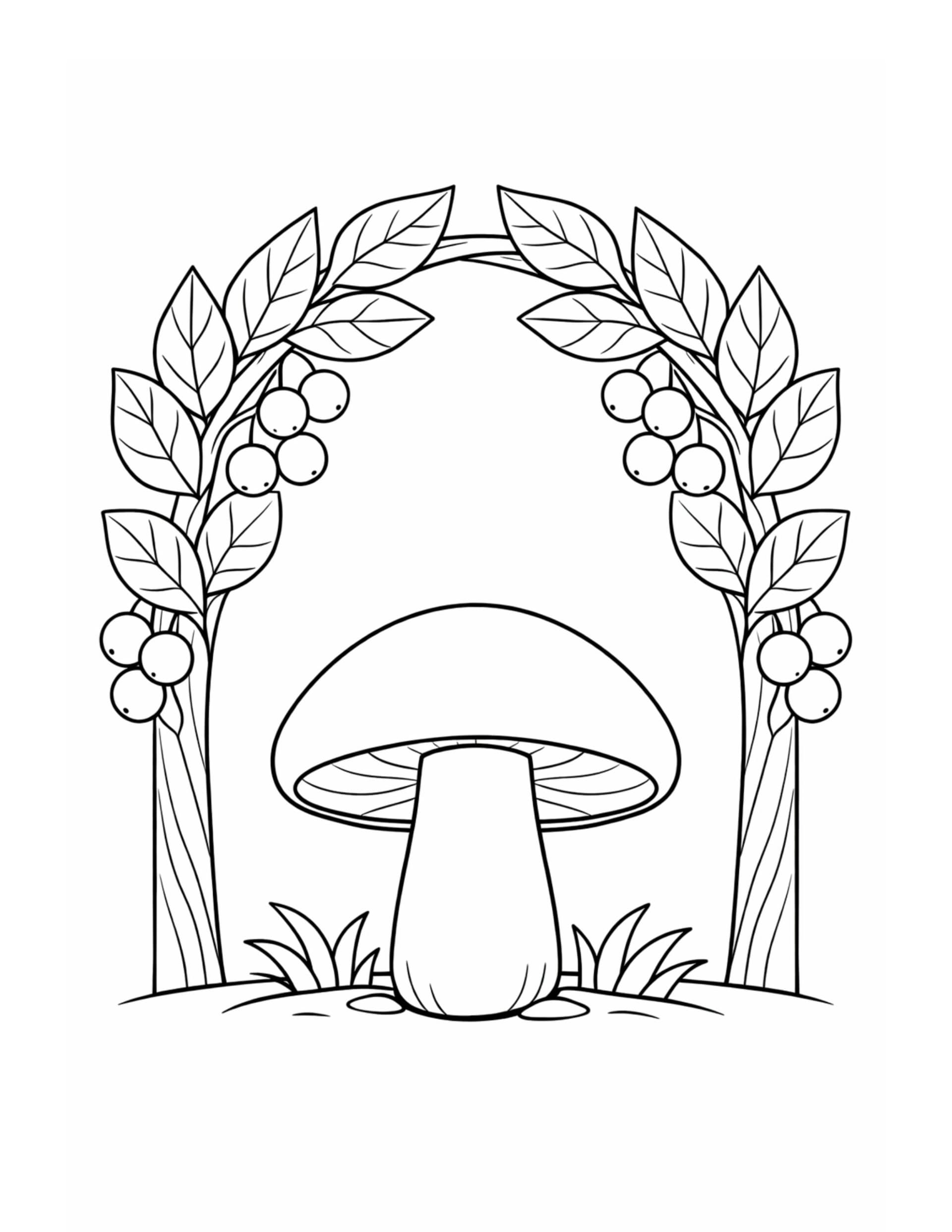 mushroom under berry leaf arch coloring page with a centered mushroom, leafy arch, and berry clusters coloring page