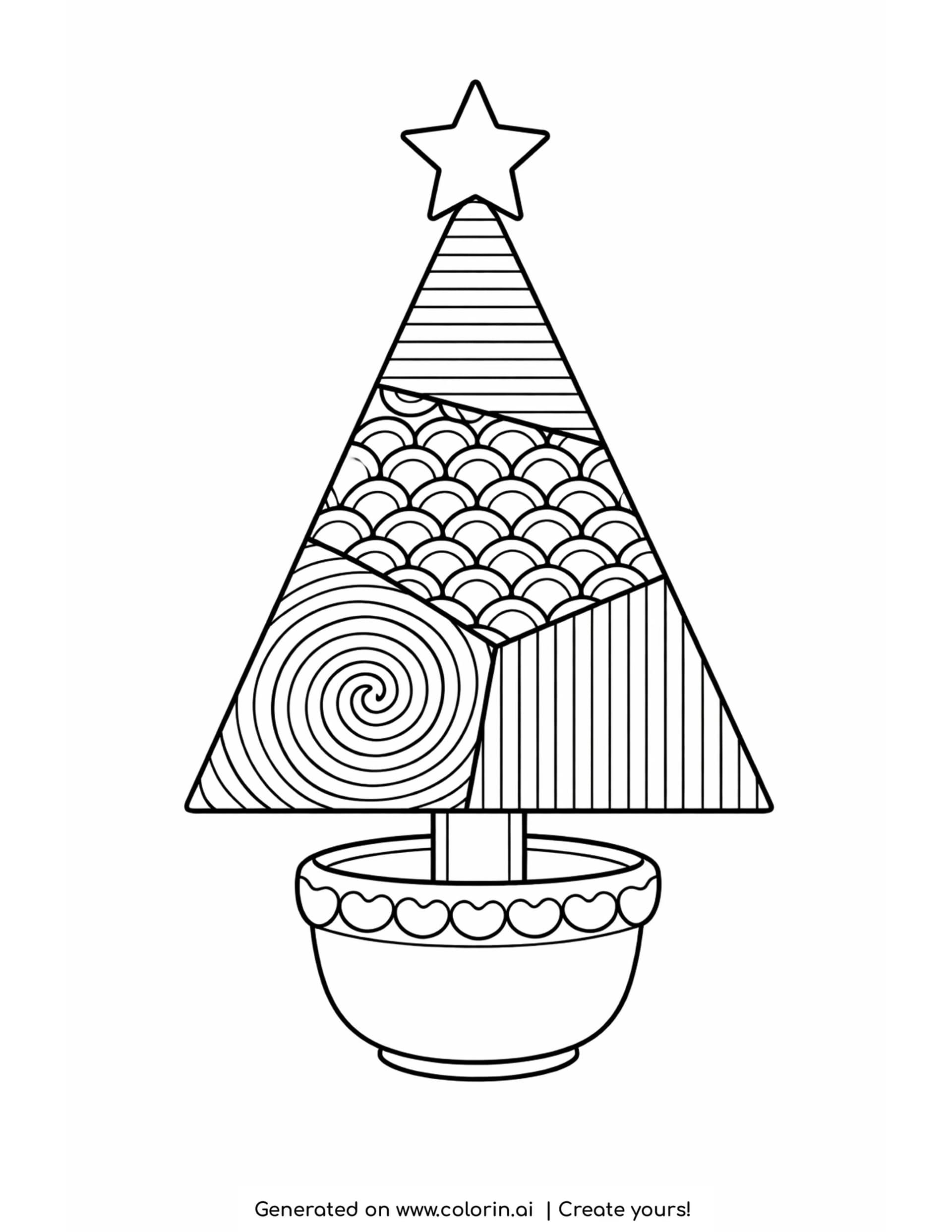 adult christmas coloring pages, a zentangle Christmas tree filled with patterned sections, a star on top, in a bowl