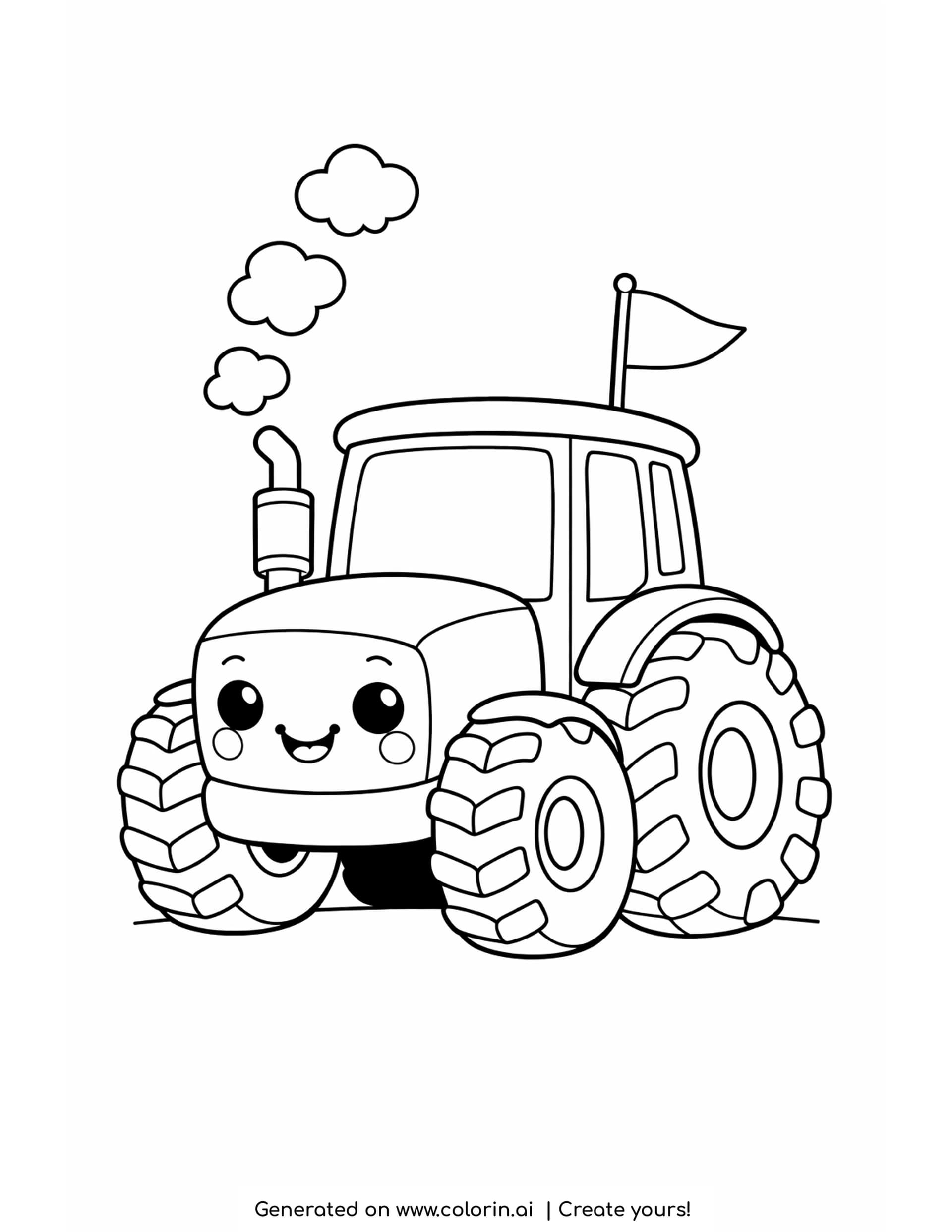 cute tractor coloring pages, a smiling farm tractor with big rear wheels, a flag on the cab and smoke puffs above it