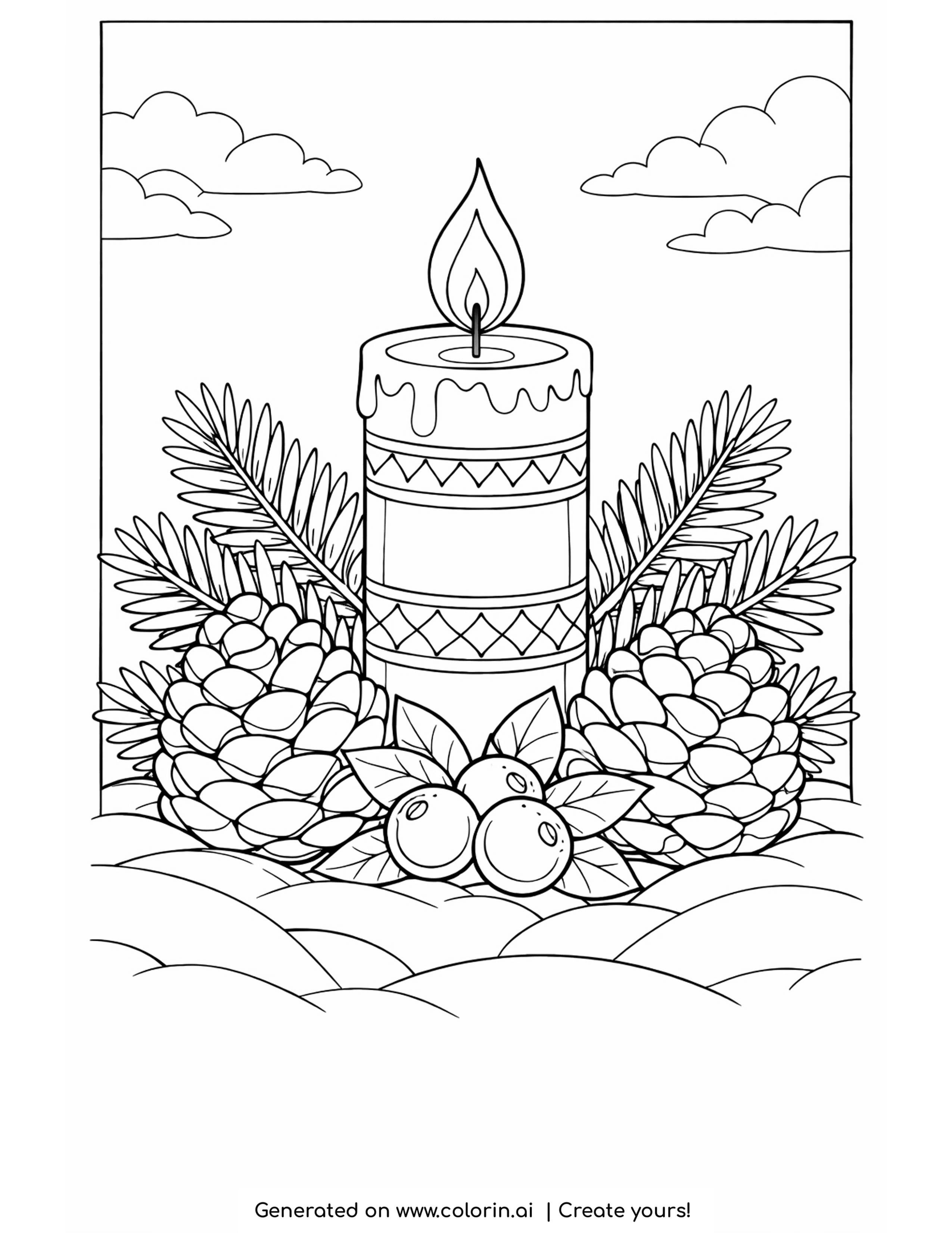winter coloring pages for adults, a lit candle surrounded by pinecones, pine sprigs and berries