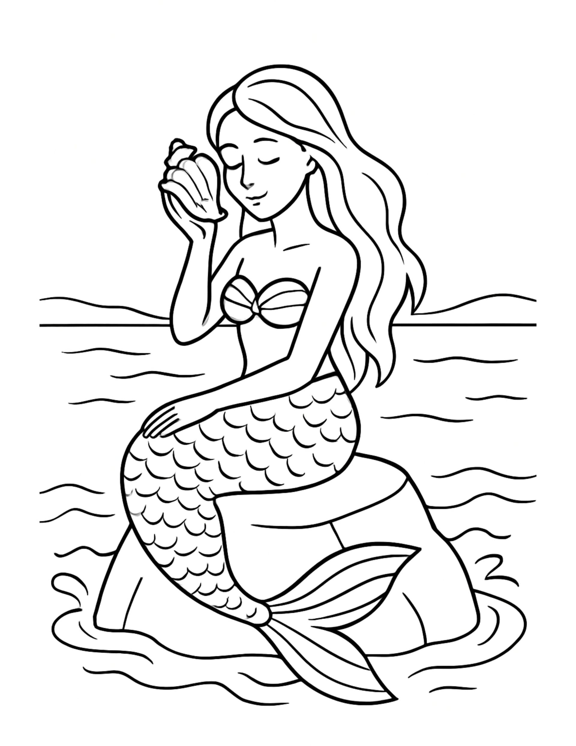 mermaid listening to seashell coloring page, mermaid sitting on a rock with waves behind her coloring page