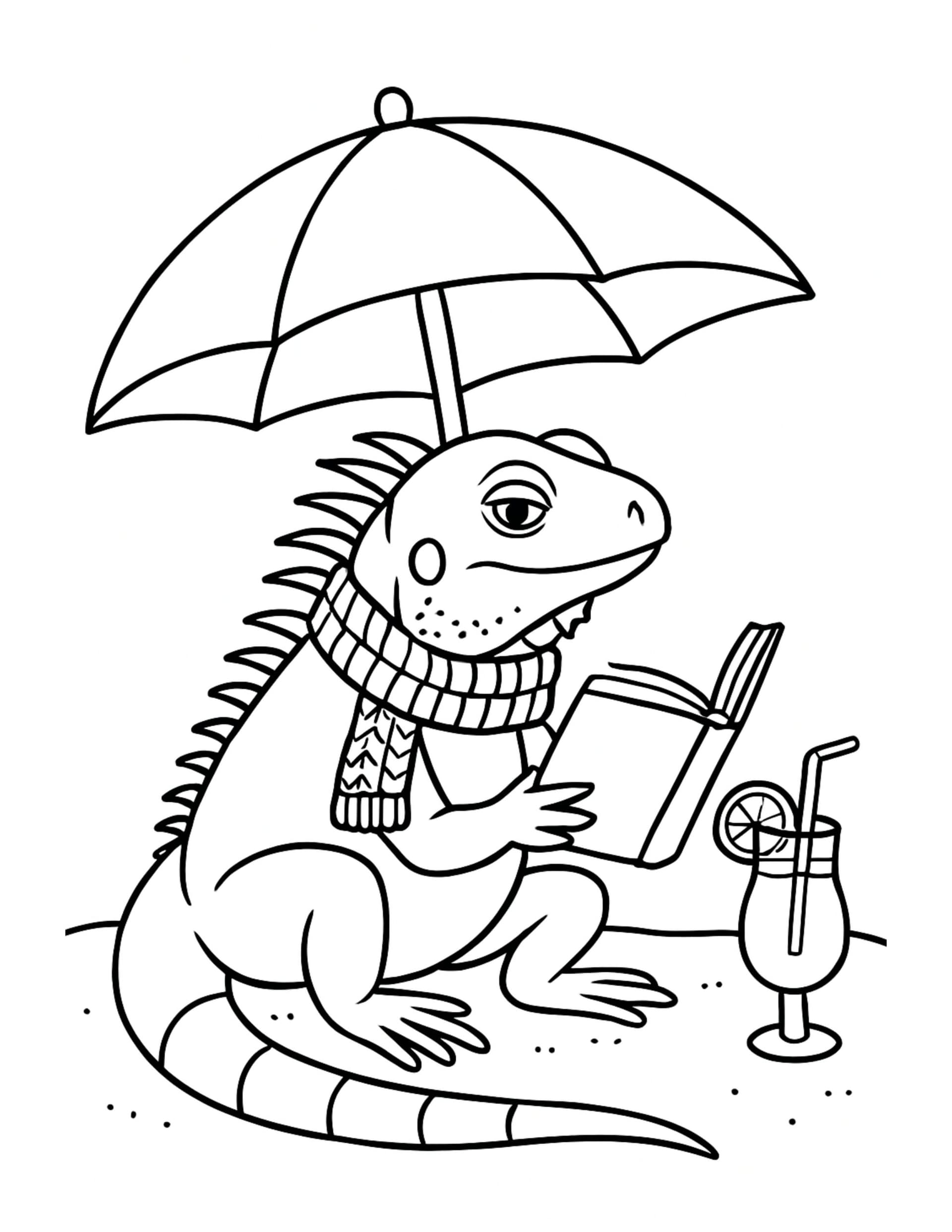 lizard reading under umbrella coloring page with scarf, open book, and beach drink coloring page