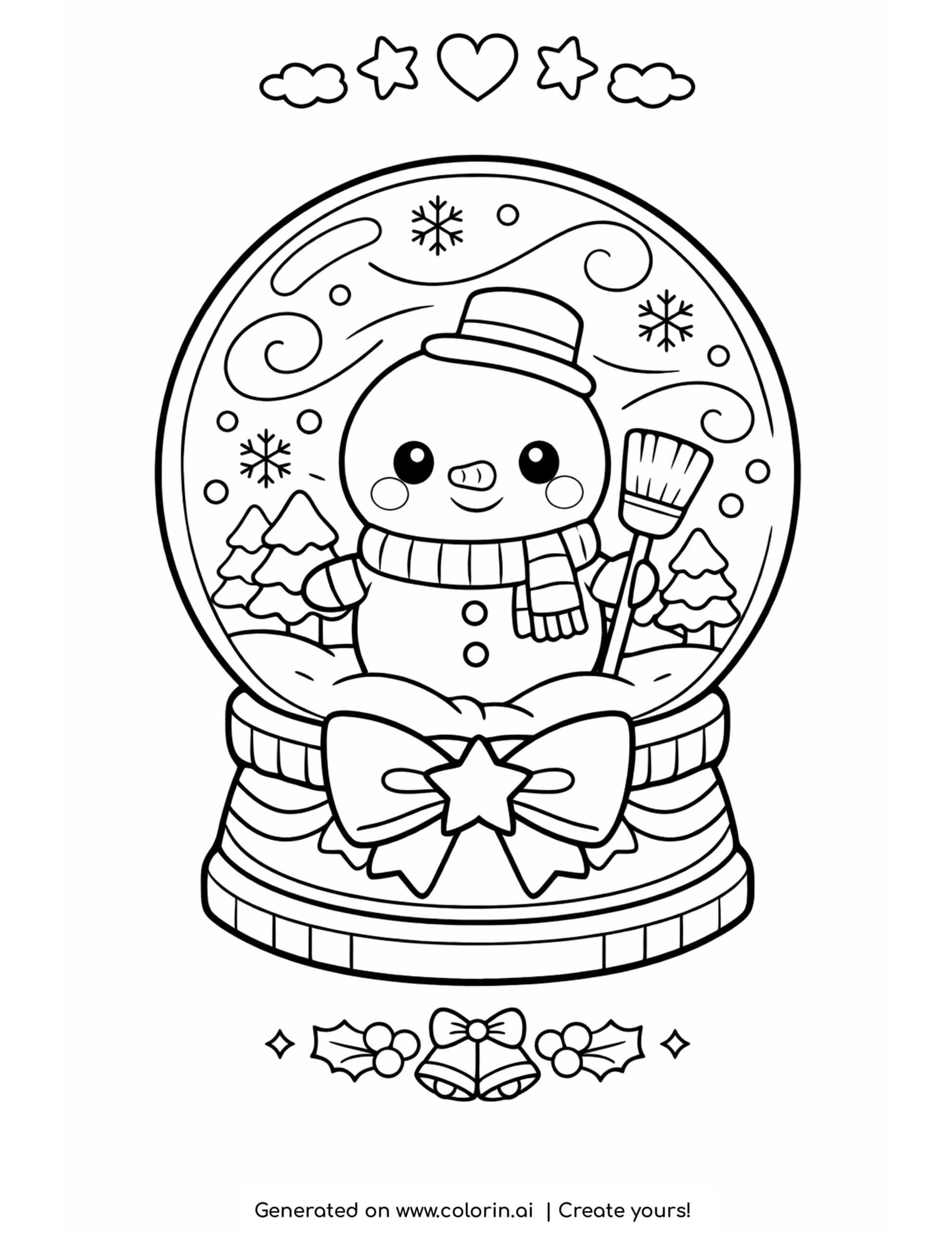 snow globe coloring pages, a snow globe with a little snowman holding a broom and a bow on the base