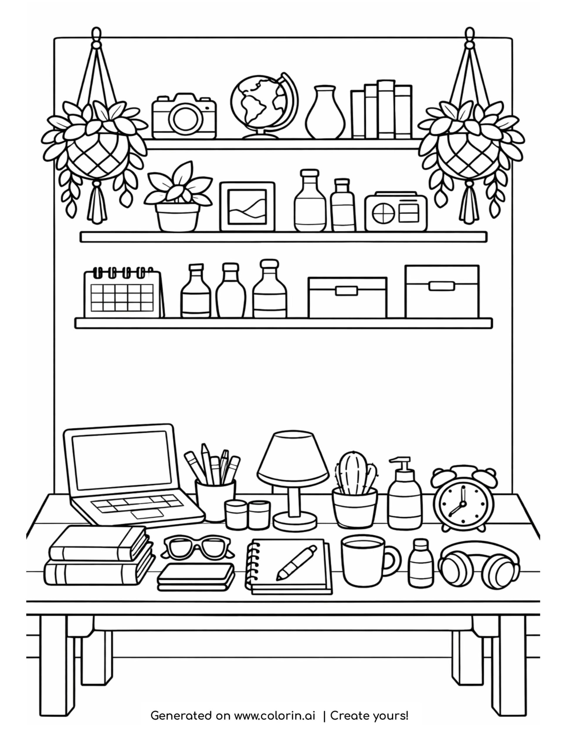 desk with shelves and decor items coloring page with books and plants