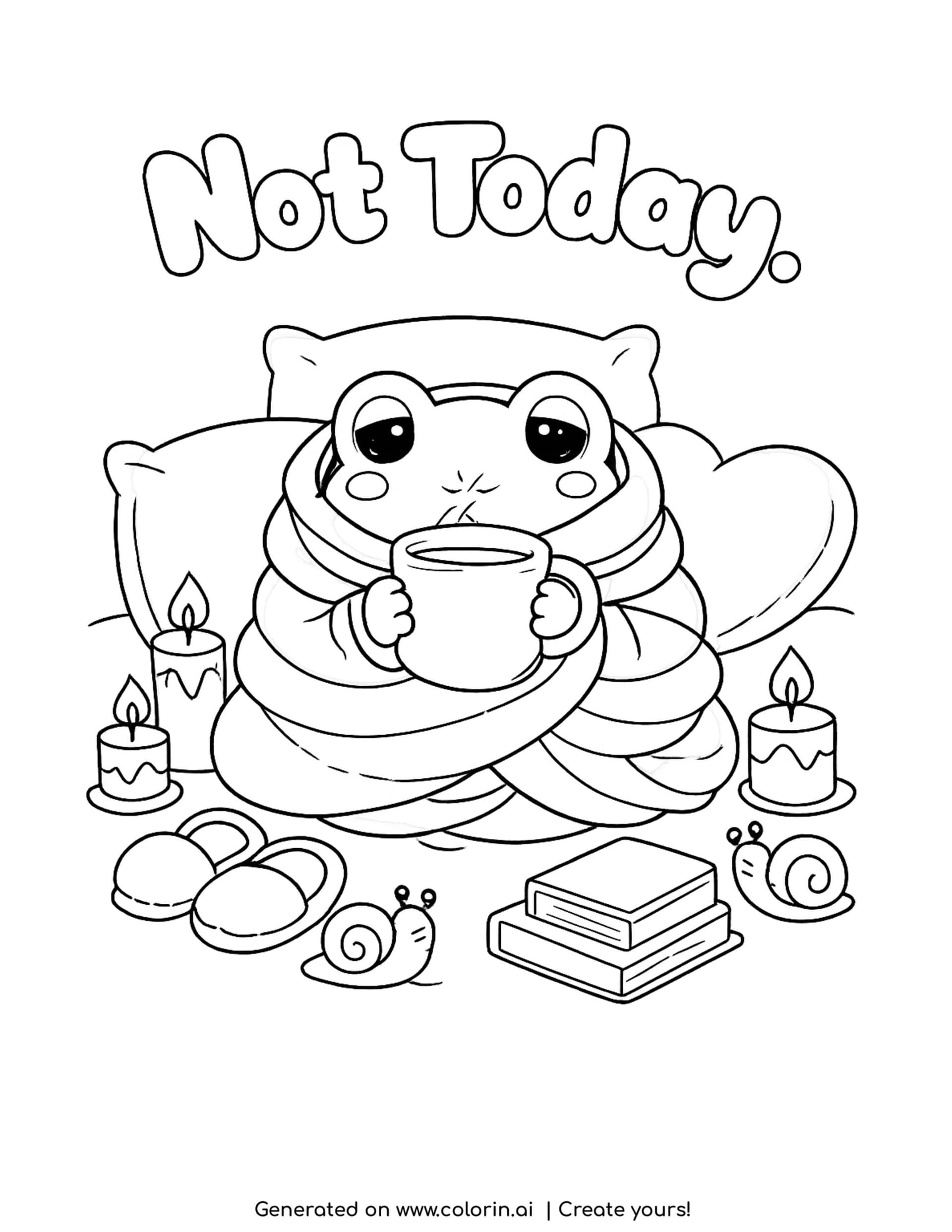 frog wrapped in blankets coloring page with candles pillows books and giant mug