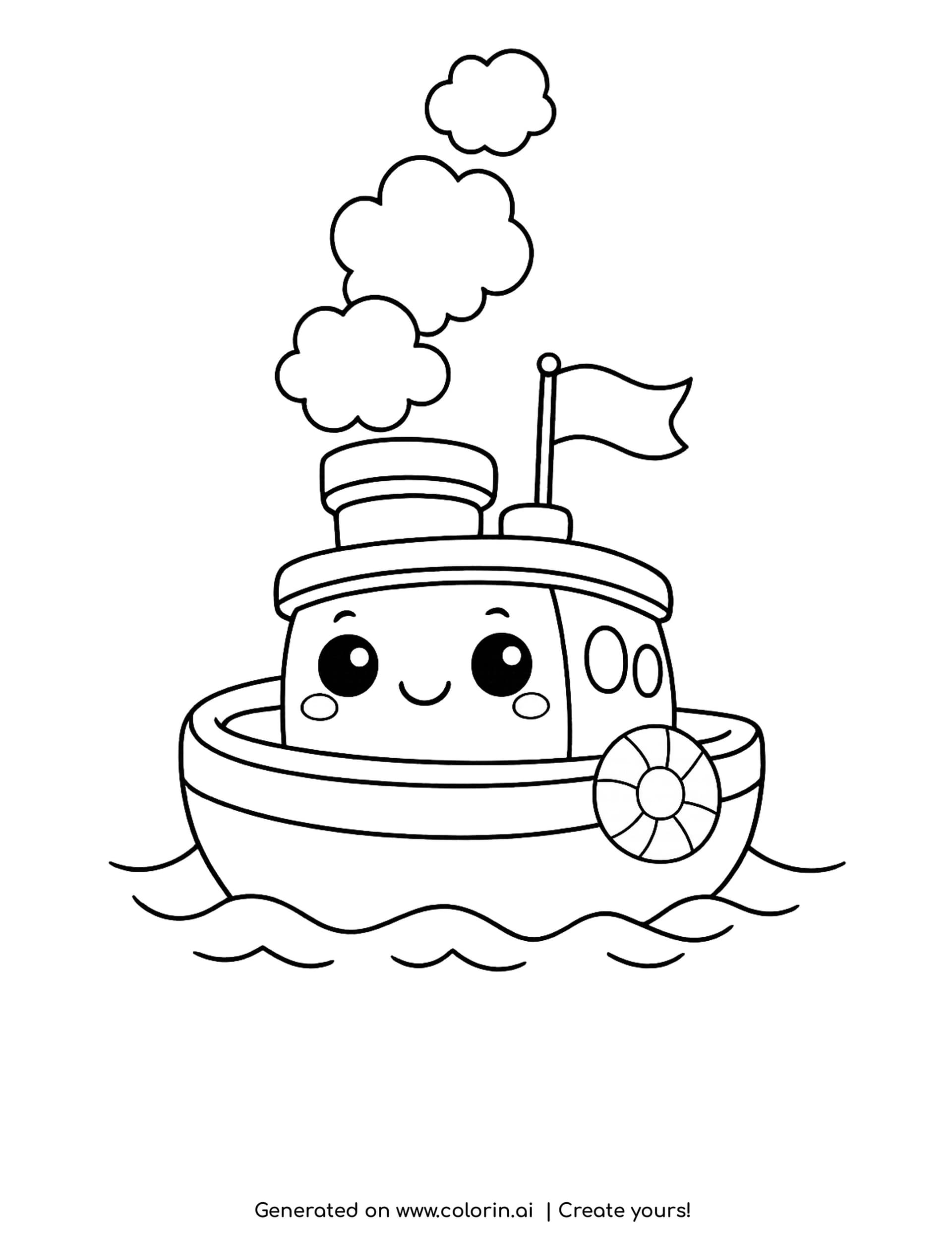 tugboat with a smokestack coloring pages - a round tugboat with a happy face on the cabin, a smokestack with three puffs of smoke and a life ring