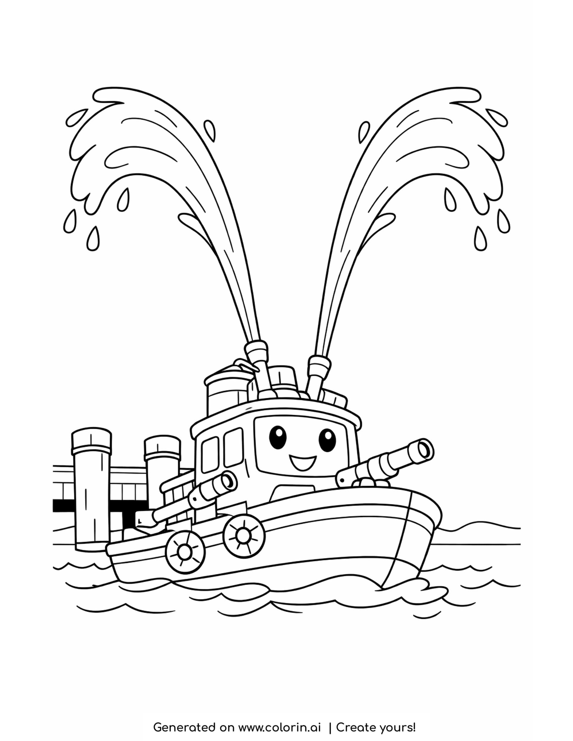 fire boat coloring page - a smiling fireboat shooting two tall arcs of water from its roof cannons with a dock and pilings behind it