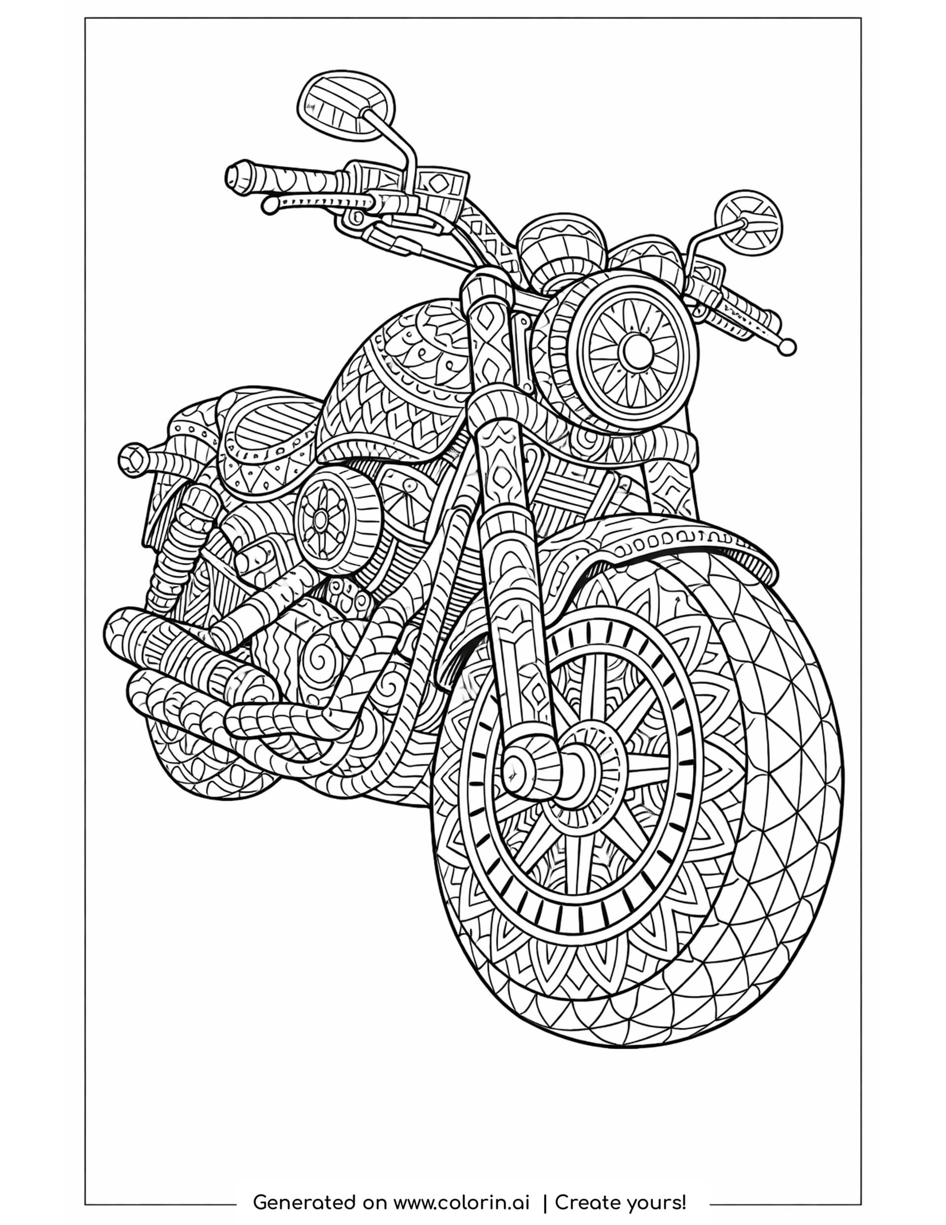 patterned motorcycle coloring pages - motorcycle seen from a front corner filled with dense repeating zentangle patterns