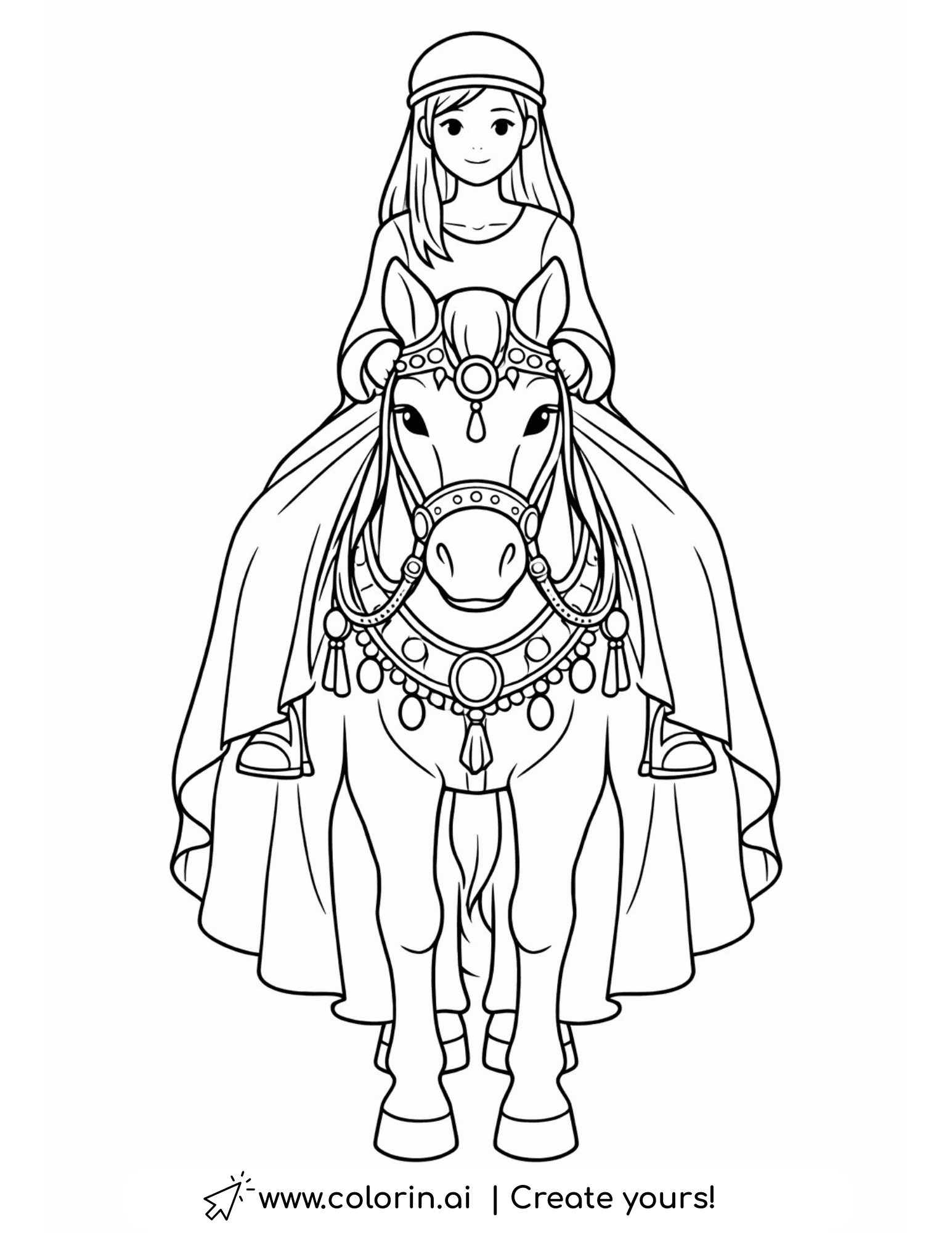 girl riding horse with ornate bridle coloring page front view elegant illustration coloring page