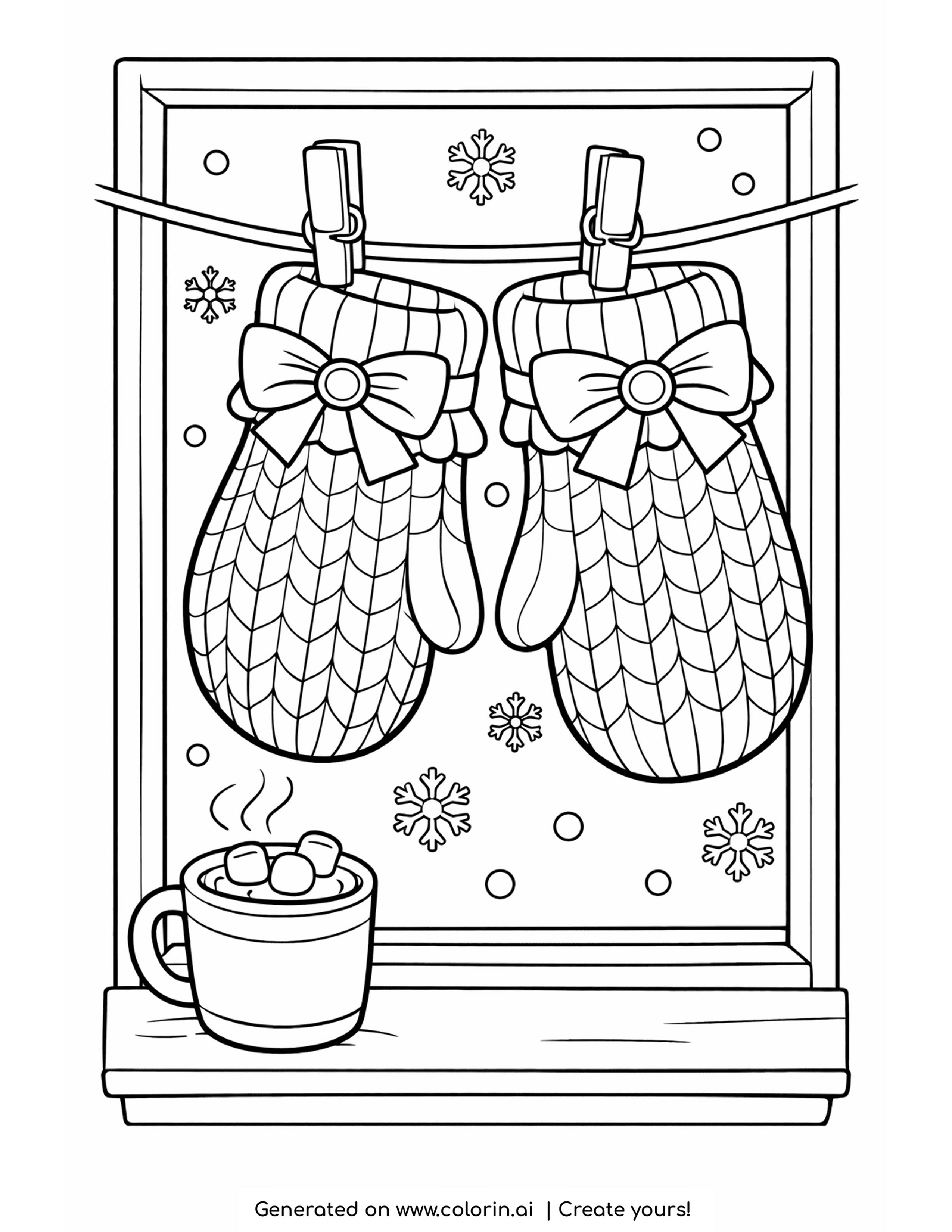 cozy winter coloring pages, a pair of bow-topped mittens drying in a window with a mug of cocoa on the sill