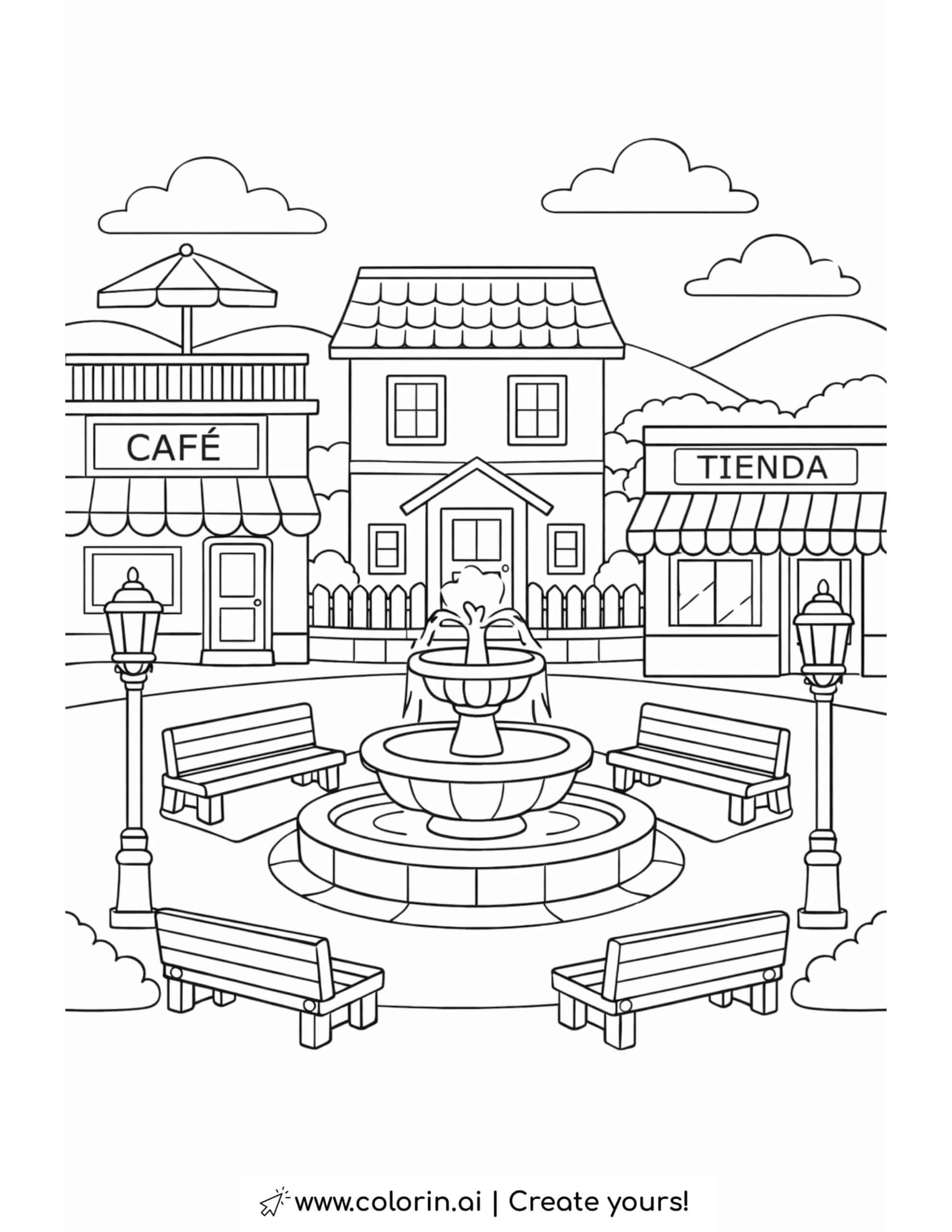 neighborhood plaza with cafe and shop coloring page featuring fountain benches and storefronts coloring page