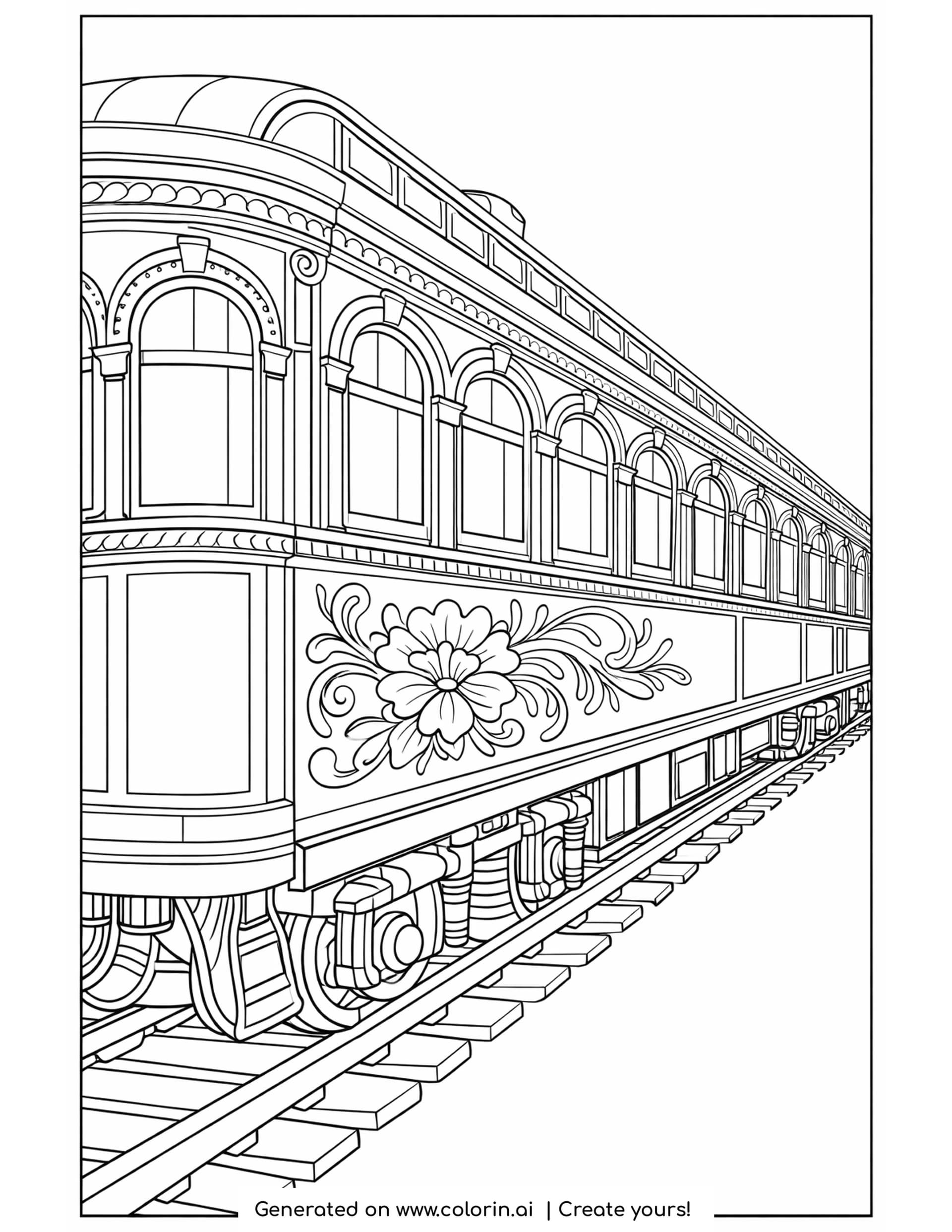 vintage passenger train coloring pages: an old parlor car at an angle with arched windows, carved capitals and a flower panel