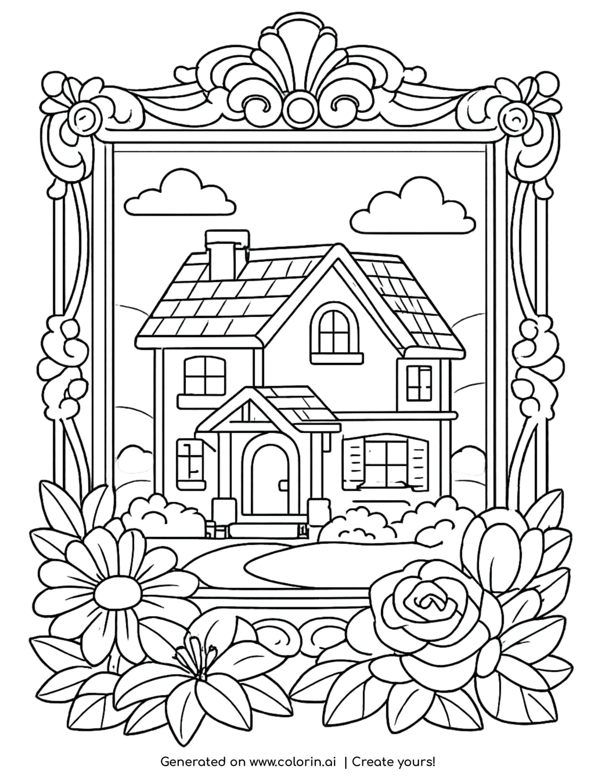 house inside ornate picture frame coloring page with flowers and decorative border