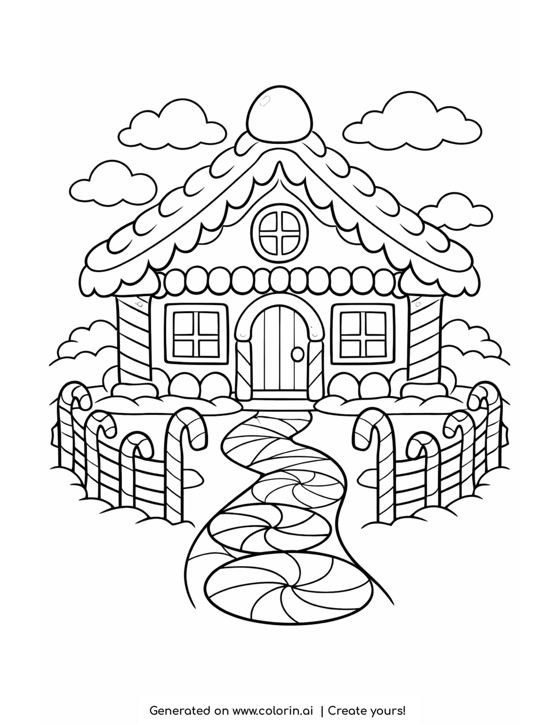 printable christmas coloring pages, a gingerbread house with a snowy roof, candy cane fence, and a candy swirl path