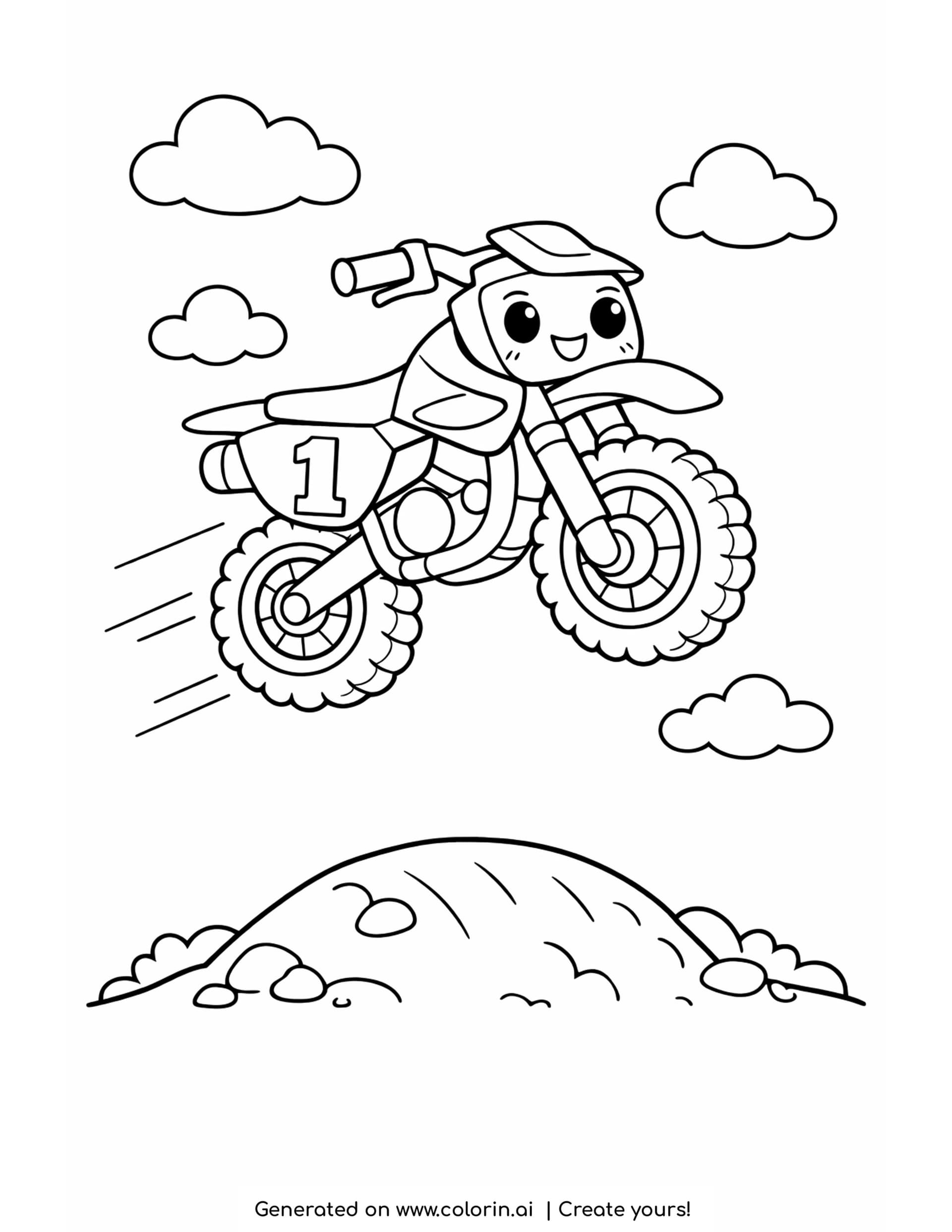 motocross bike coloring pages - cute smiling motocross bike jumping high above a small dirt mound