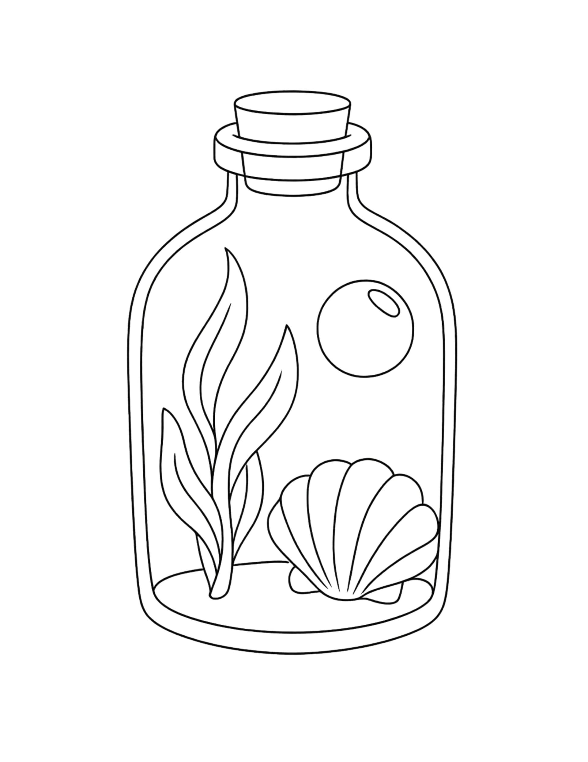 seashell and seaweed in bottle coloring page showing a corked jar with a bubble