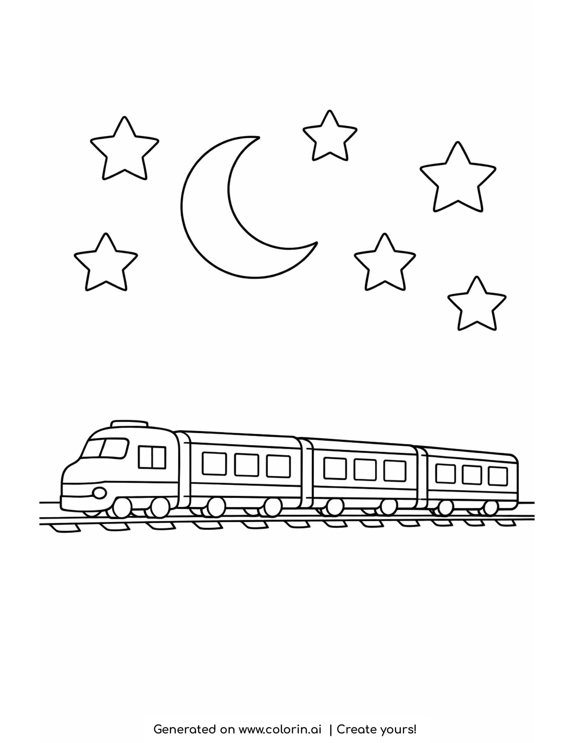 night train coloring pages: a sleek train on a track under a crescent moon and six large five pointed stars