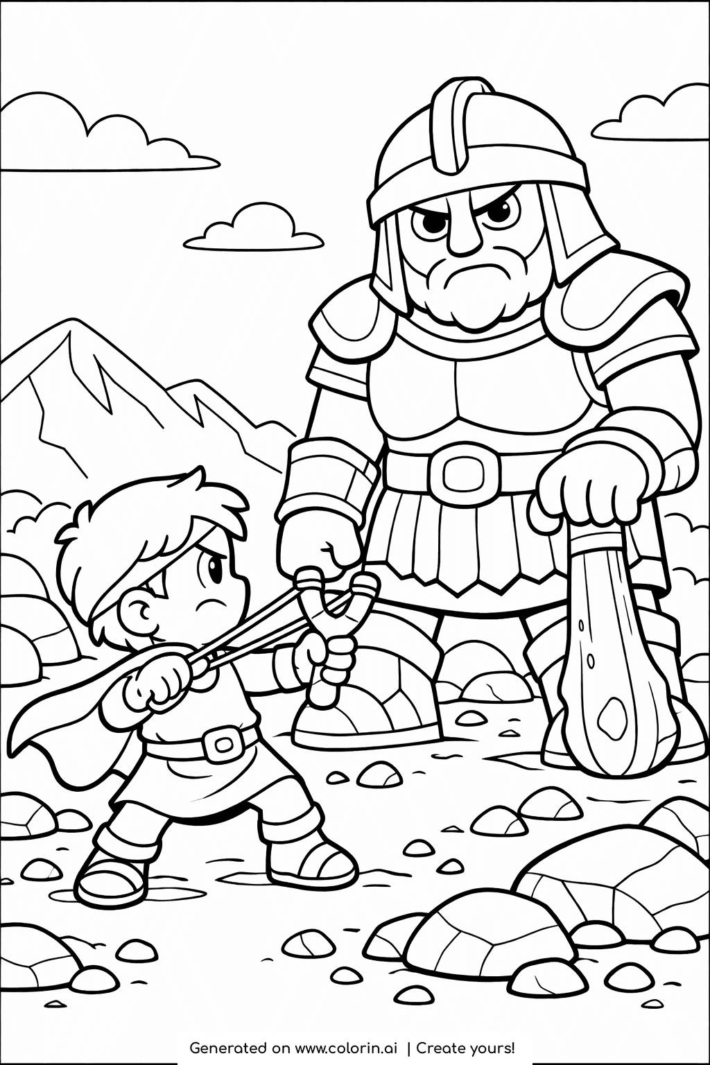 bible story coloring pages, a small brave David with a slingshot facing the towering armored giant Goliath