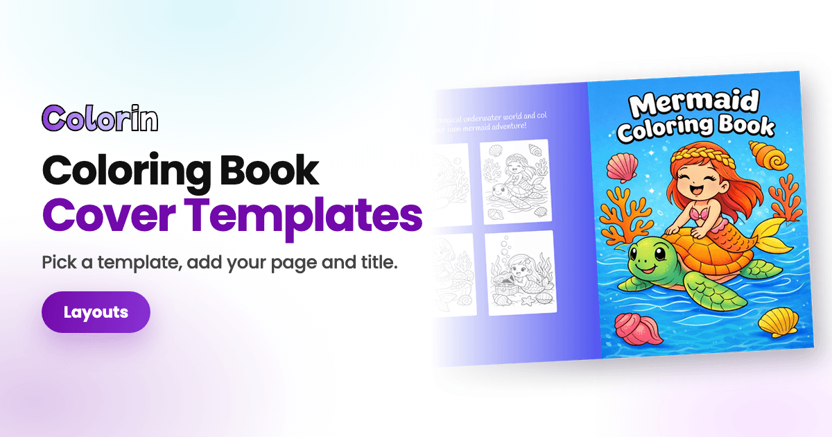 Coloring book cover templates, with an open mermaid coloring book cover beside the title