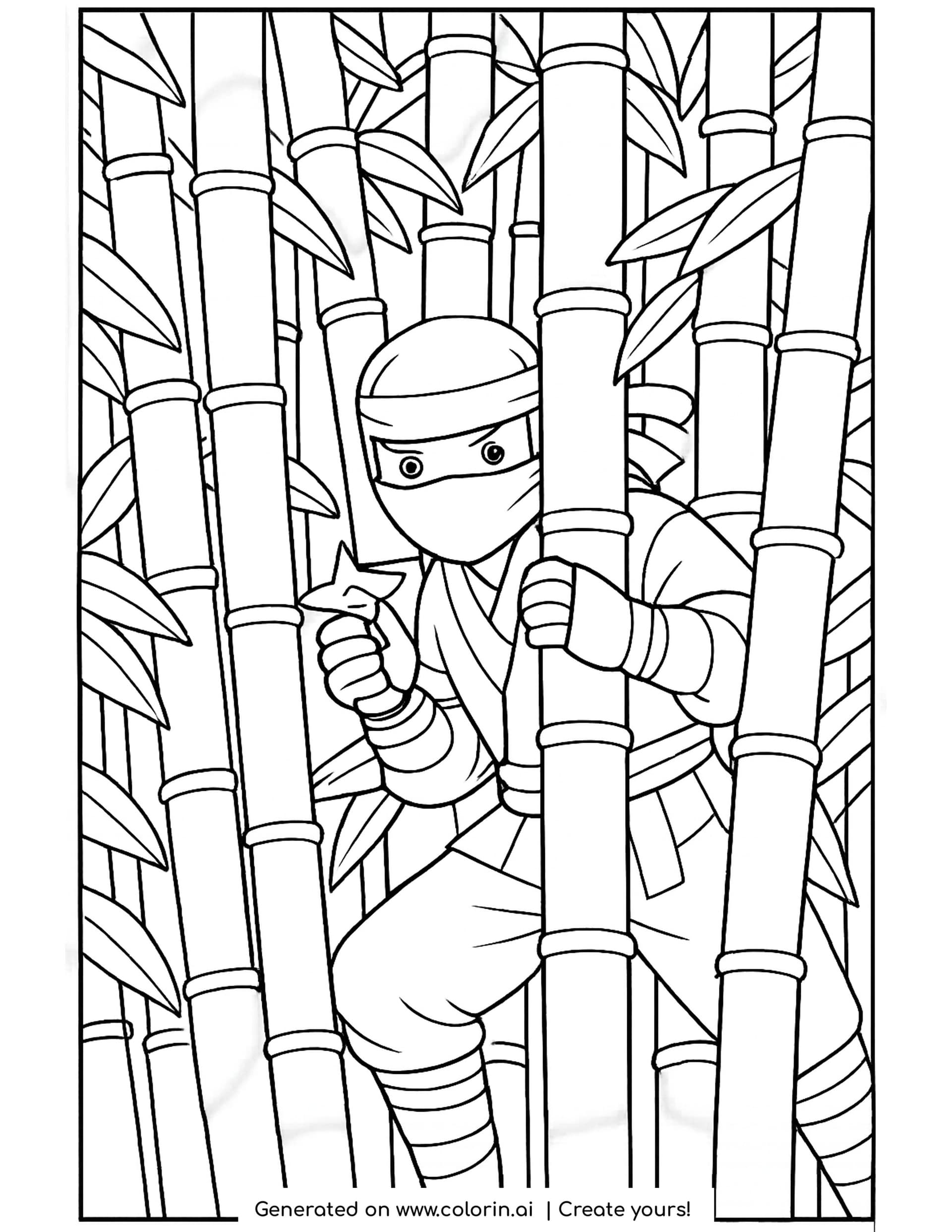 bamboo coloring pages - tall segmented bamboo stalks with layered leaves and a ninja slipping between them