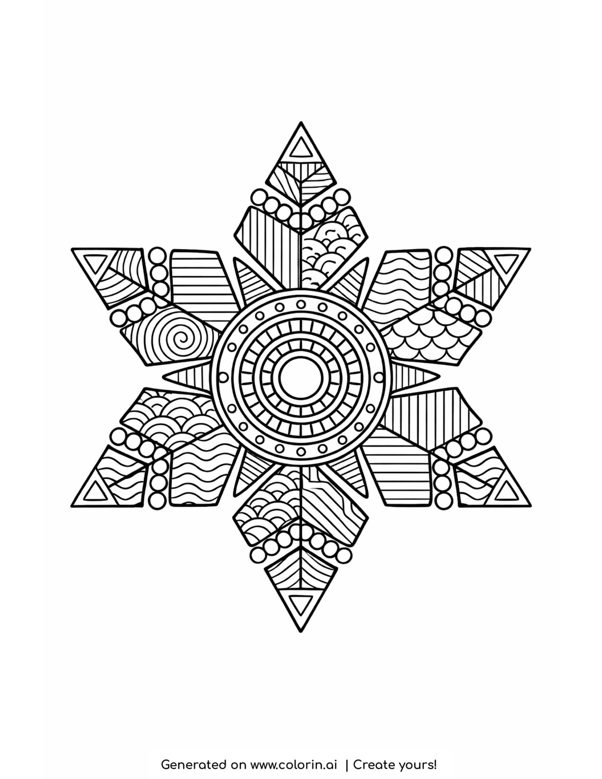 christmas adult coloring pages, a zentangle snowflake medallion with six patterned arms and a detailed circular center