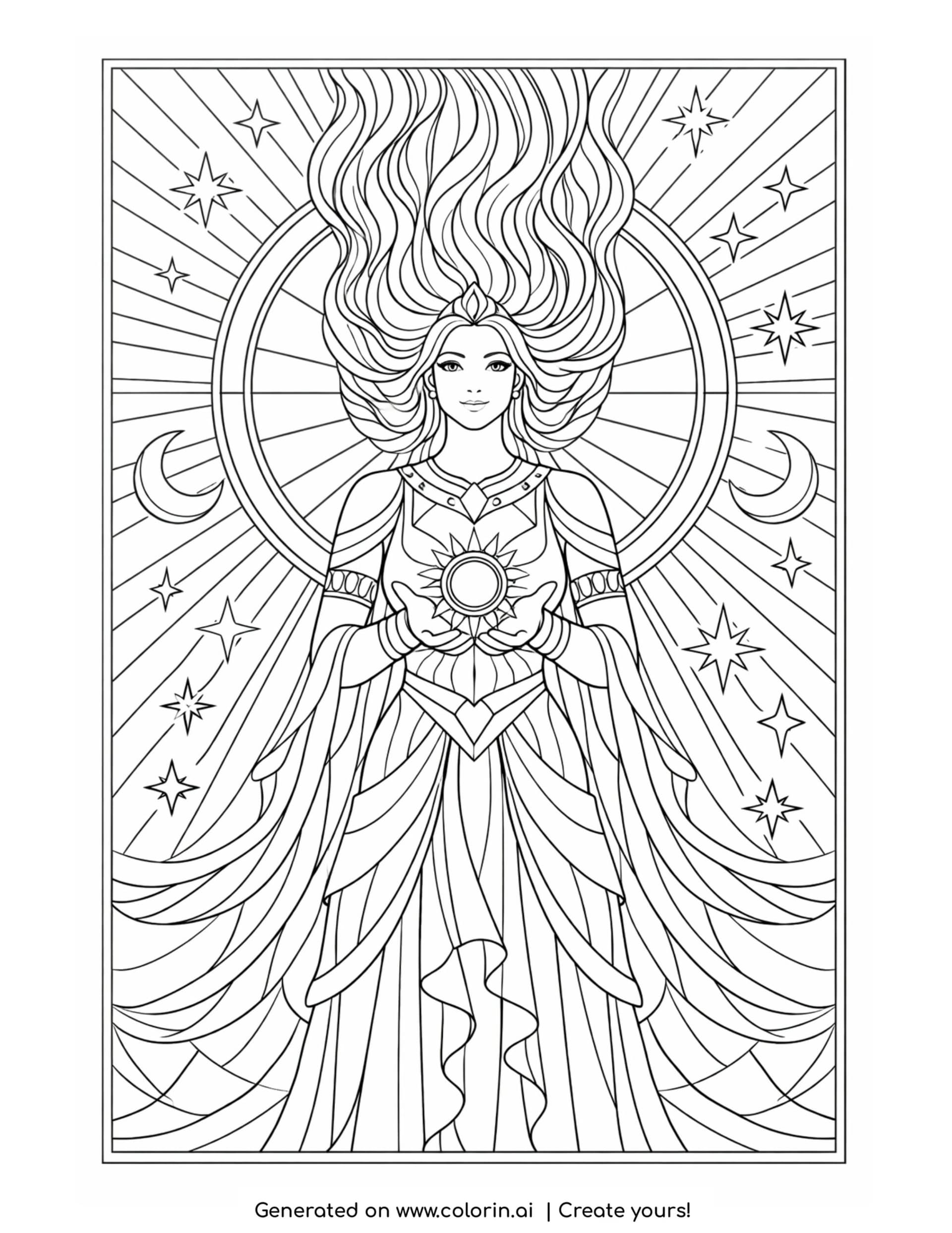 goddess holding glowing sun coloring page with stars and flowing hair