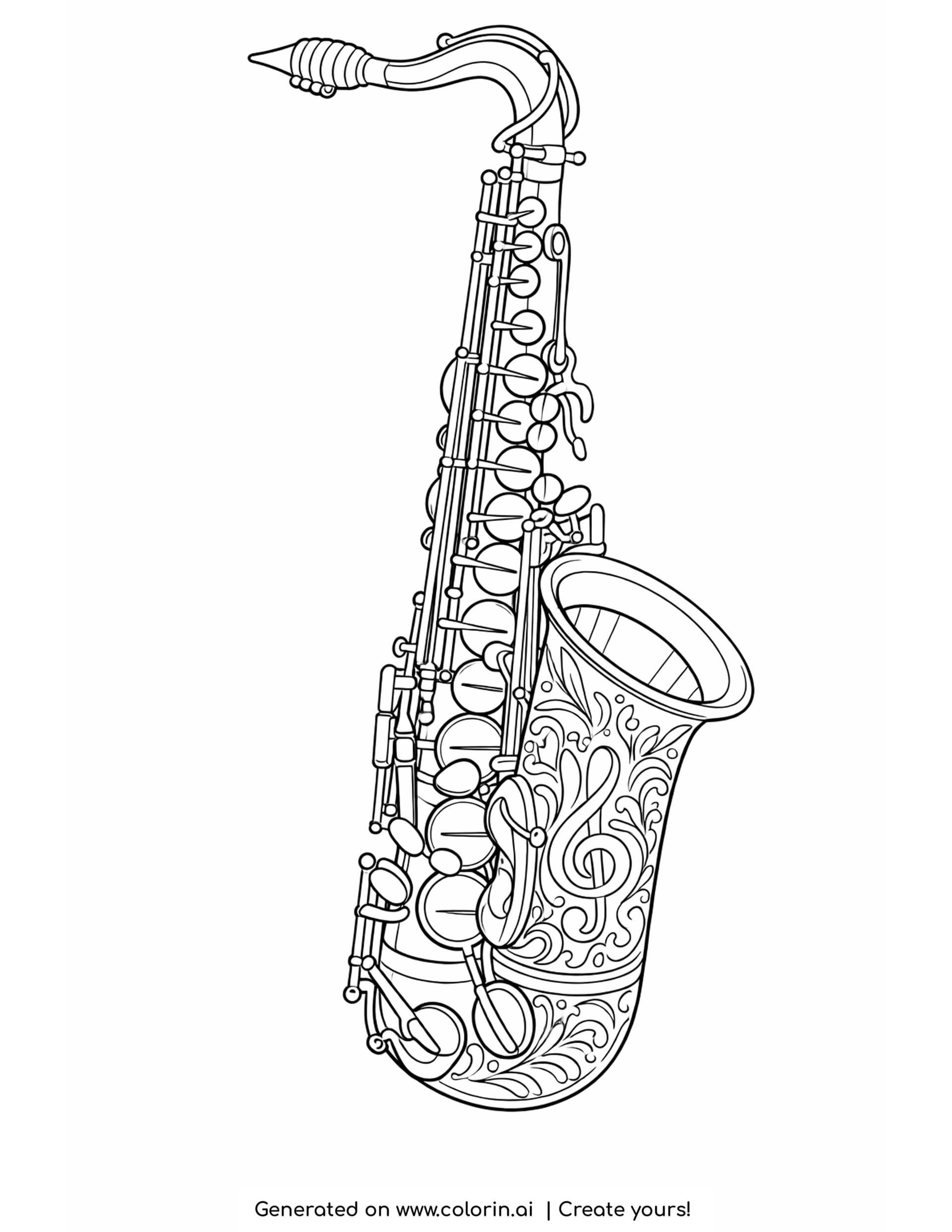 detailed saxophone coloring pages - an alto saxophone with a curved neck, two columns of pearl pads and a treble clef engraved into the flaring bell
