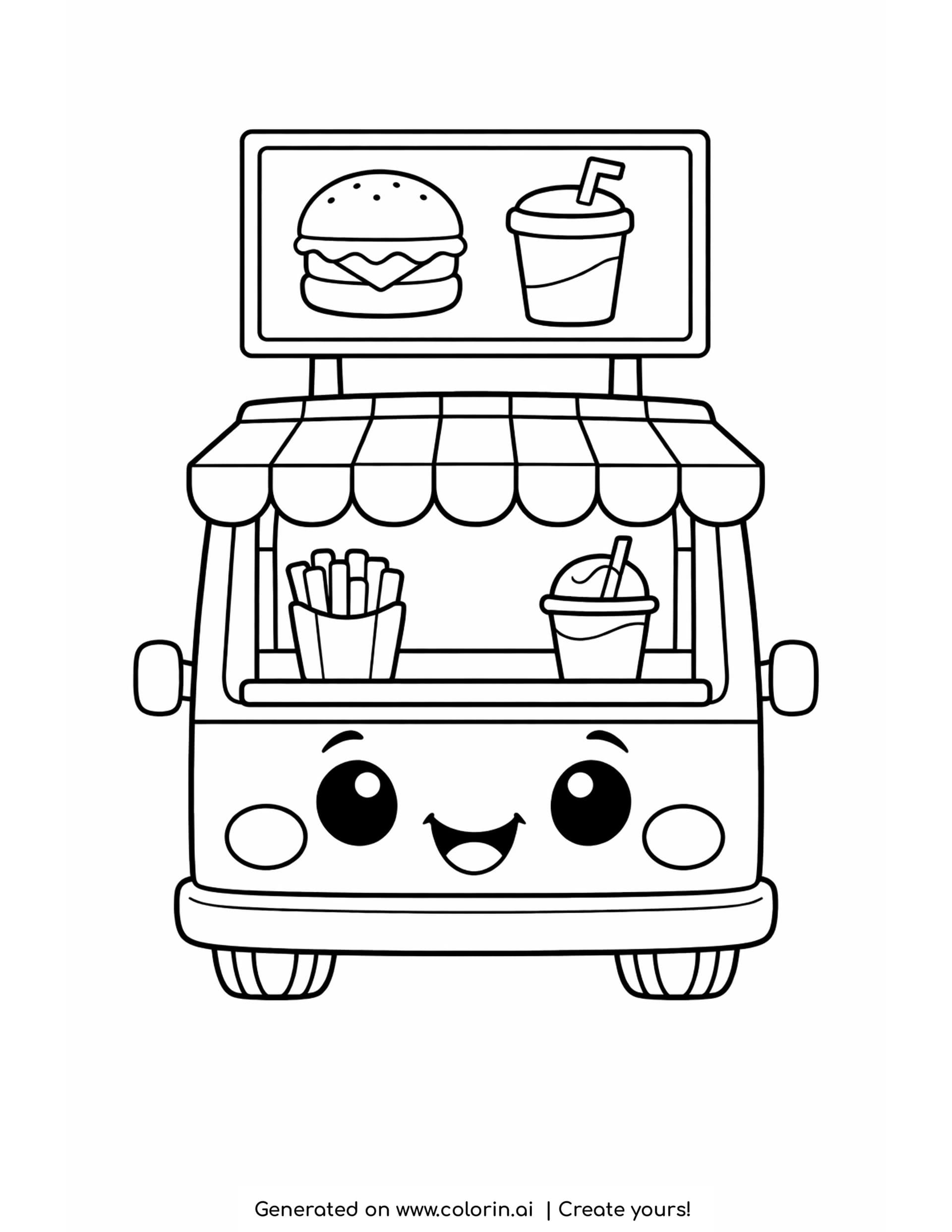 food truck coloring pages, a cheerful food truck with a scalloped awning, fries and a drink on the counter and a menu board above the roof