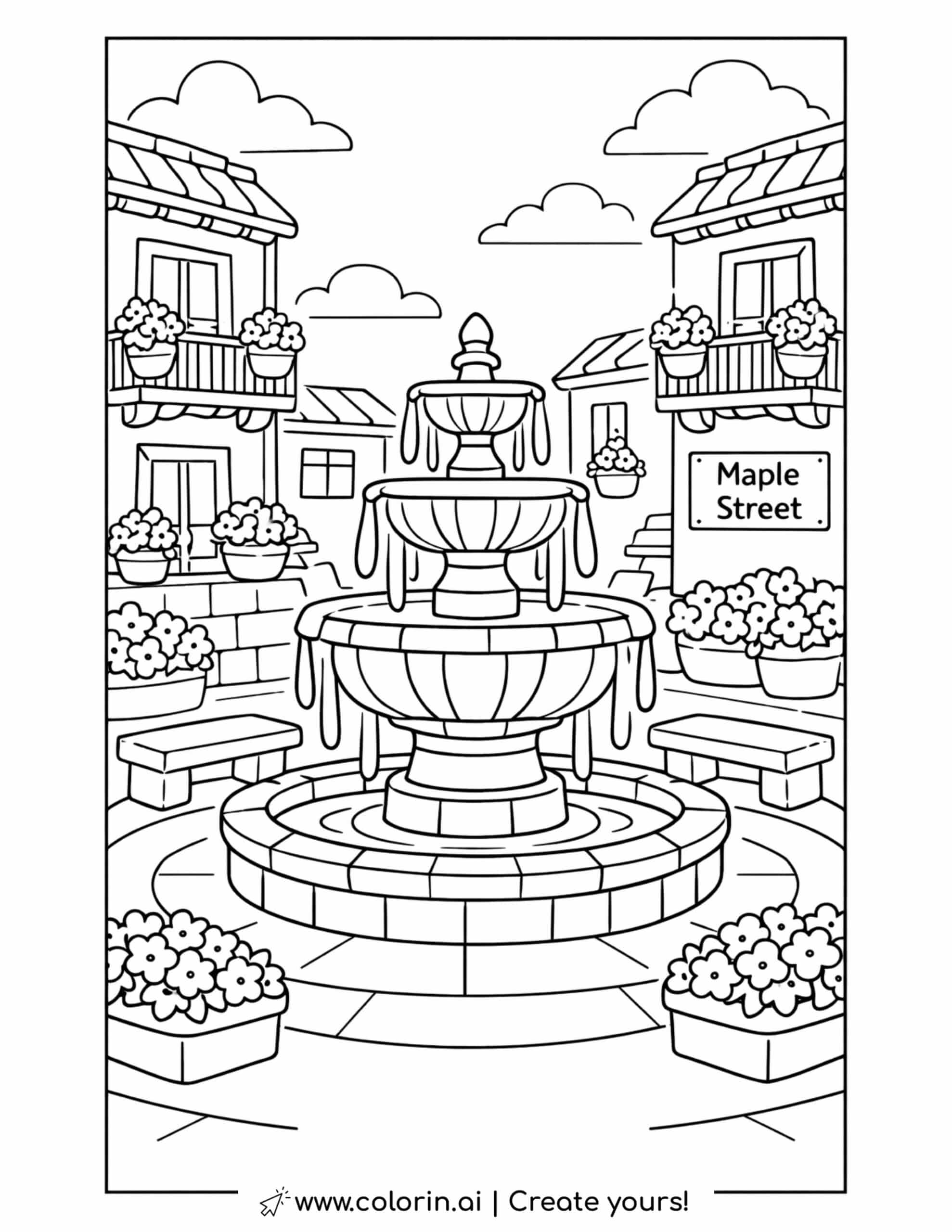 maple street fountain plaza coloring page with stone fountain and flower balconies