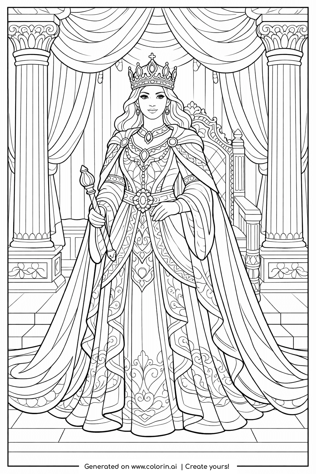 strong woman bible coloring pages for adults, Esther the brave queen in an ornate gown and crown holding a scepter