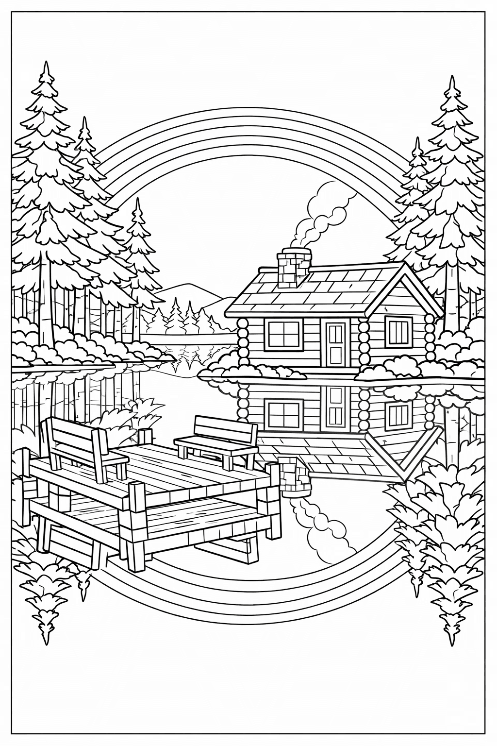 rainbow coloring pages for adults, a detailed log cabin beside a lake with pines, a dock, and mirrored reflections, framed by a ringed rainbow