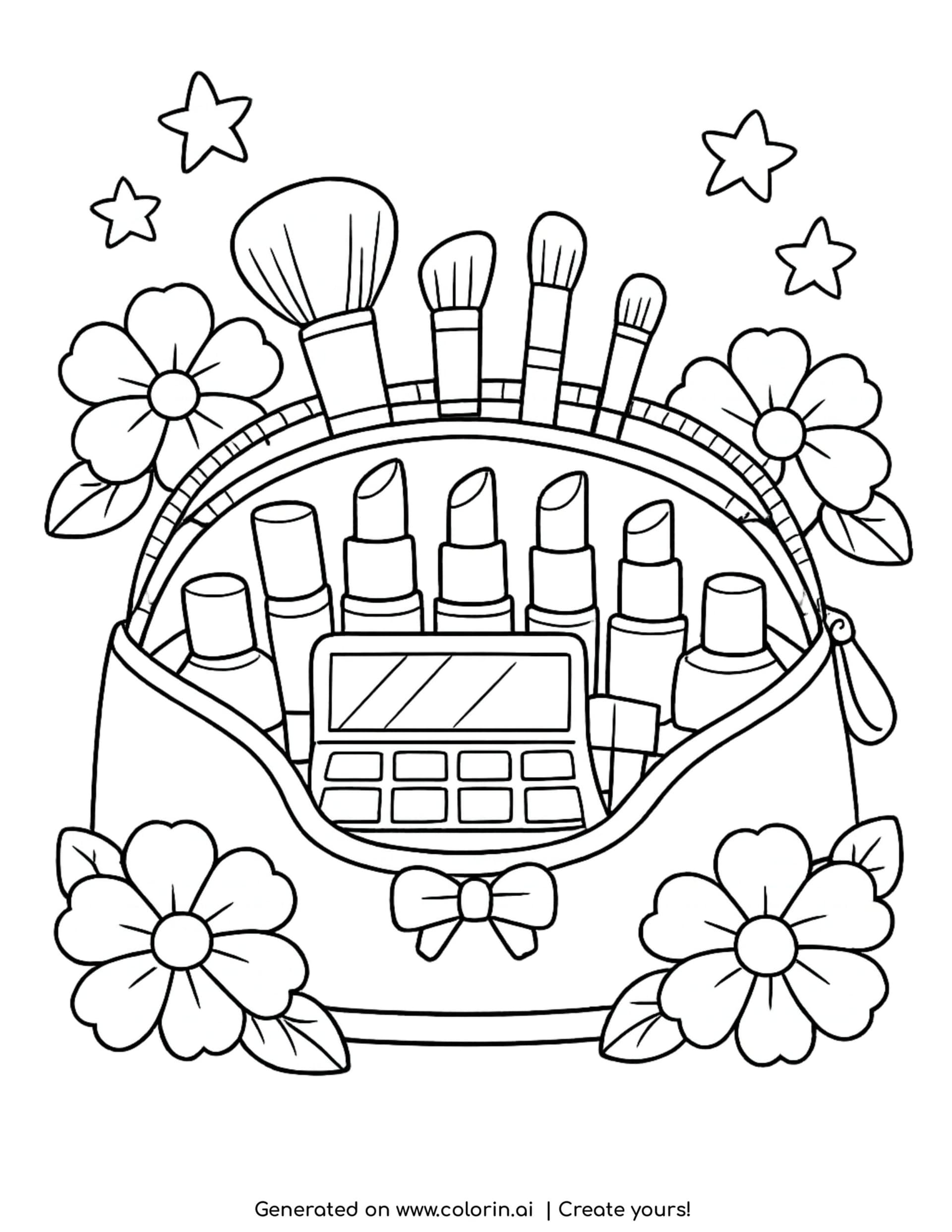 makeup bag with cosmetics coloring page featuring brushes lipsticks and flowers