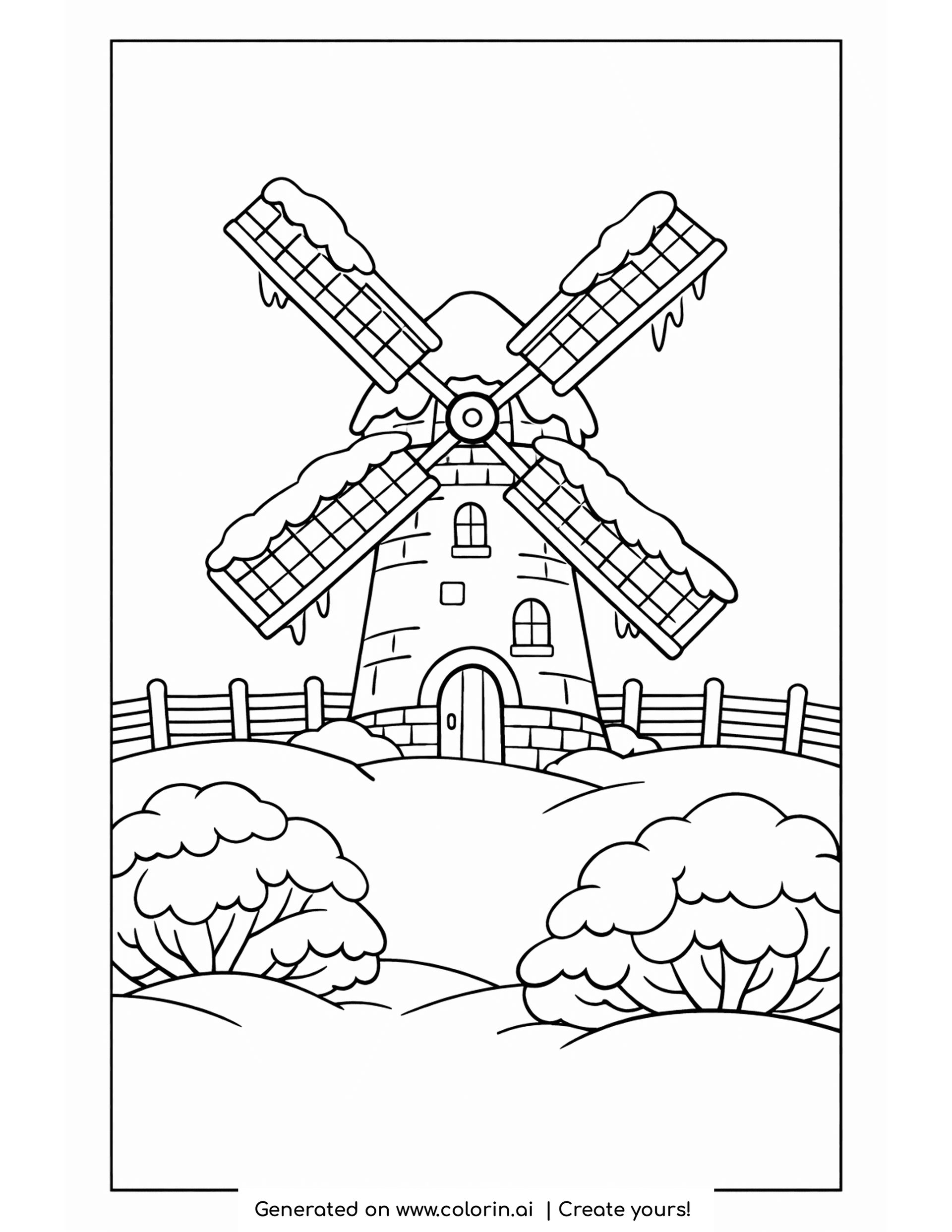 winter landscape coloring pages, a tall snow-covered windmill with icicles behind a wooden fence and snowy bushes
