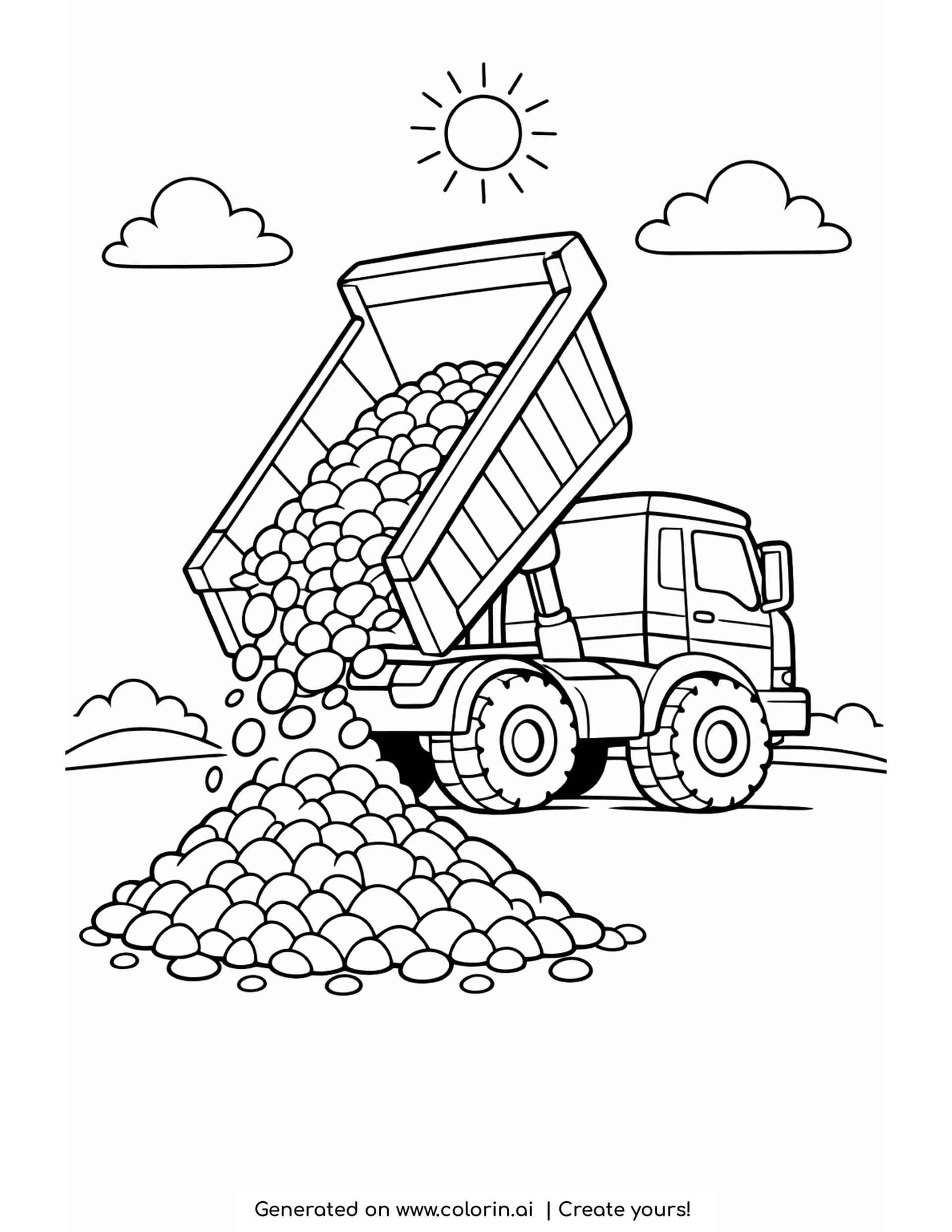 dump truck coloring page, a dump truck with its bed raised high pouring gravel down onto a pile below