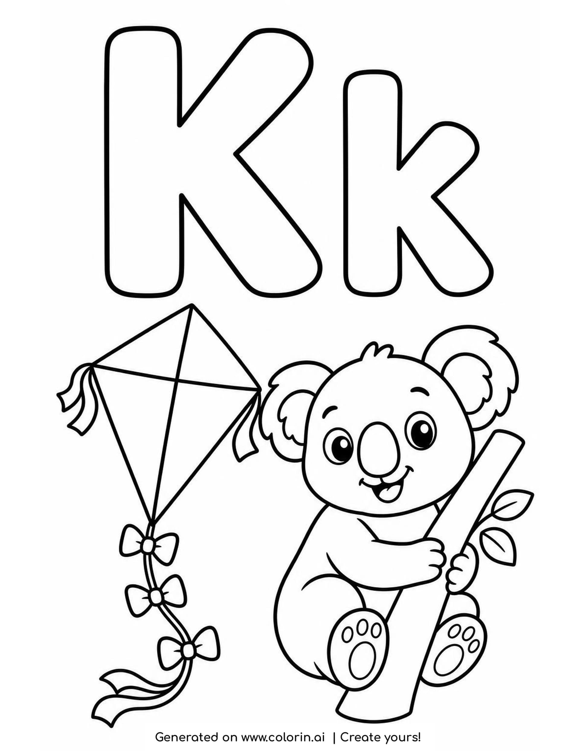 A letter K coloring page with a big hollow K and k, a diamond kite with three bows on its tail and a smiling koala hugging a branch
