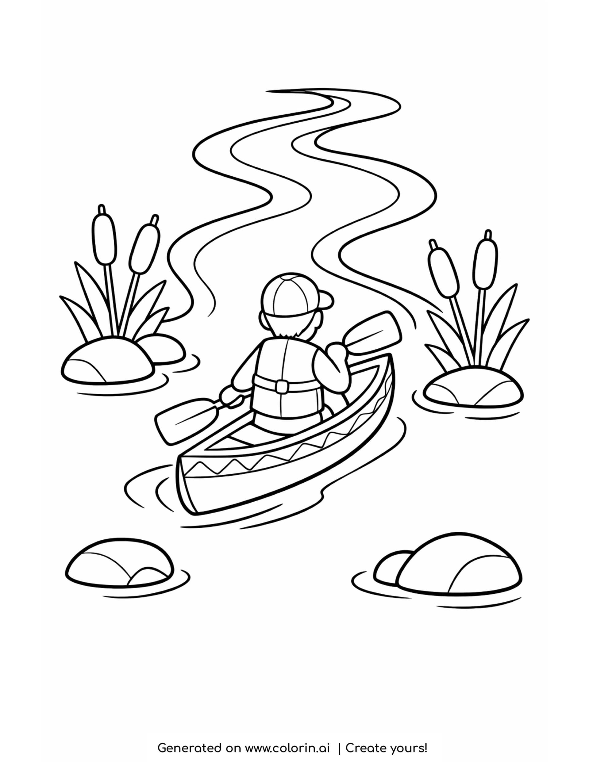 canoe coloring pages - a paddler seen from behind gliding in a canoe down a winding river with cattails on rocks and stones
