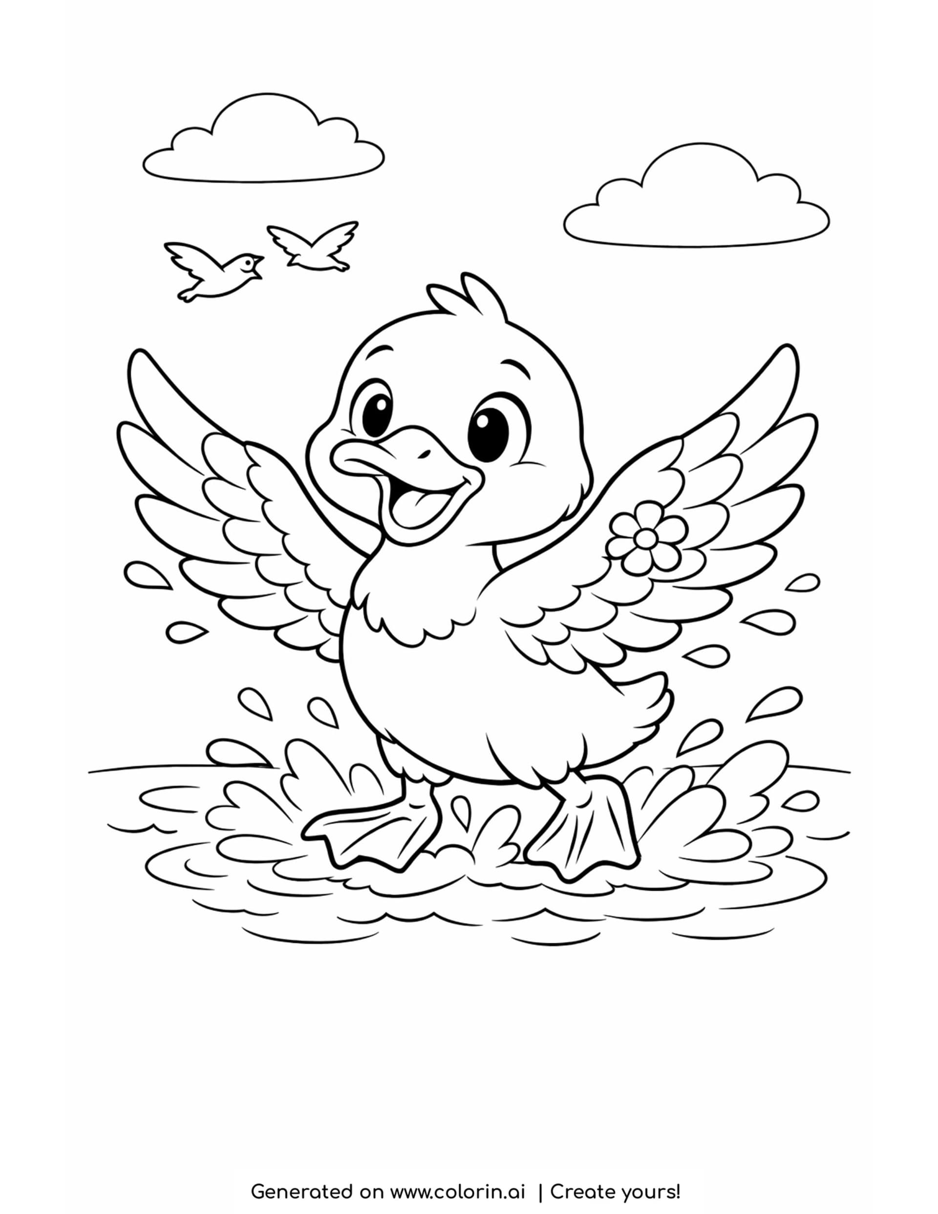 duck taking off from water coloring page with splashes and birds