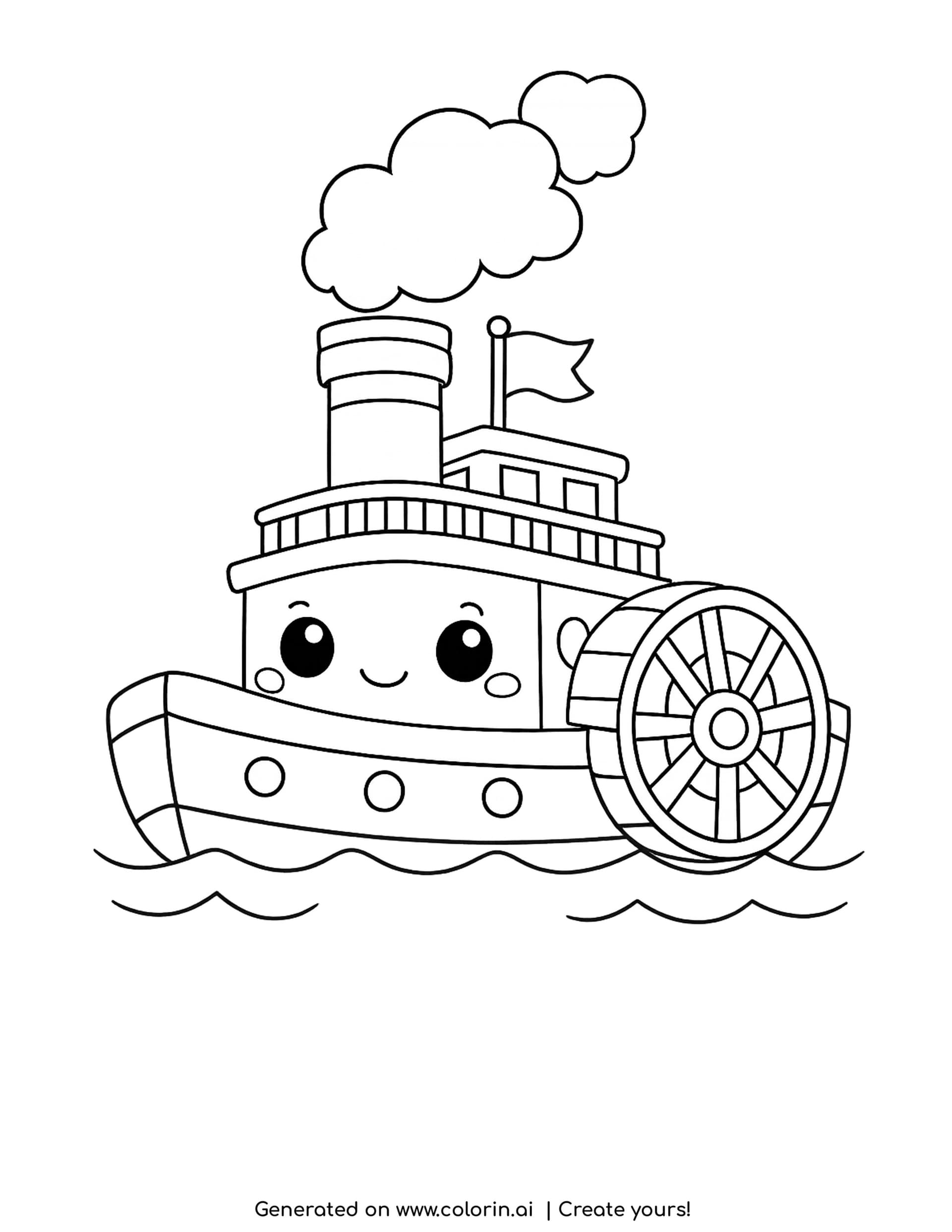 steam boat coloring page - a cute steamboat with a smiling face, a big paddle wheel with eight spokes and a tall smokestack puffing steam