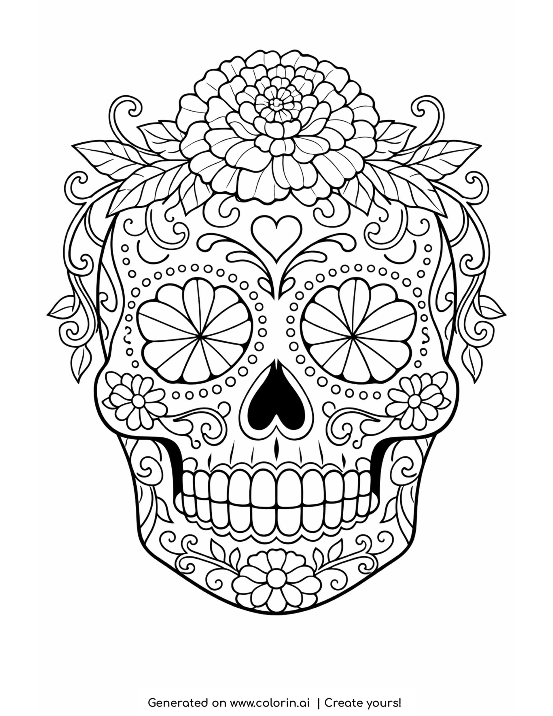detailed sugar skull with marigolds coloring pages, calavera crowned by a large marigold with curling vines and dotted borders