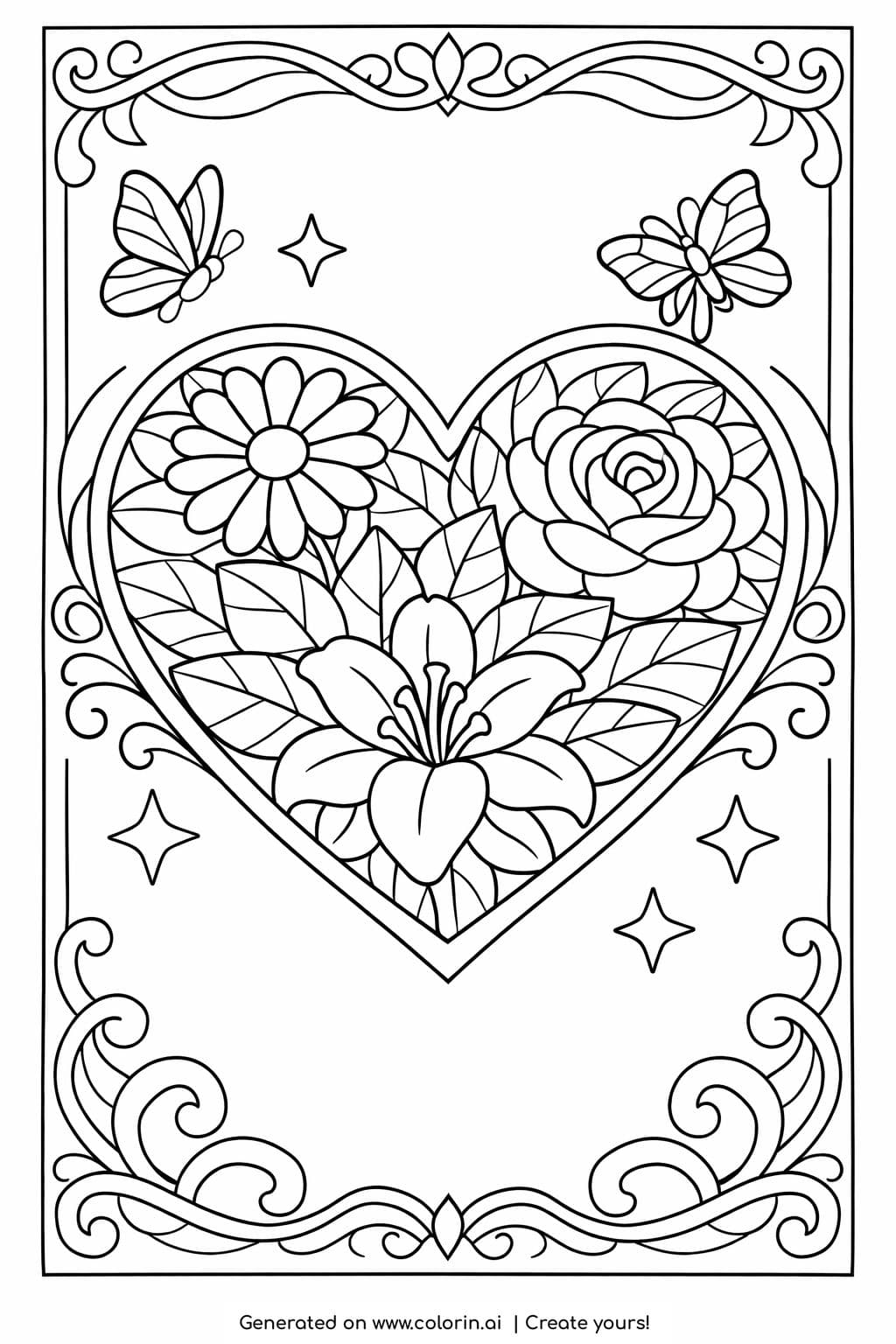 floral heart with butterflies coloring page showing flowers and leaves inside a heart with decorative frame coloring page