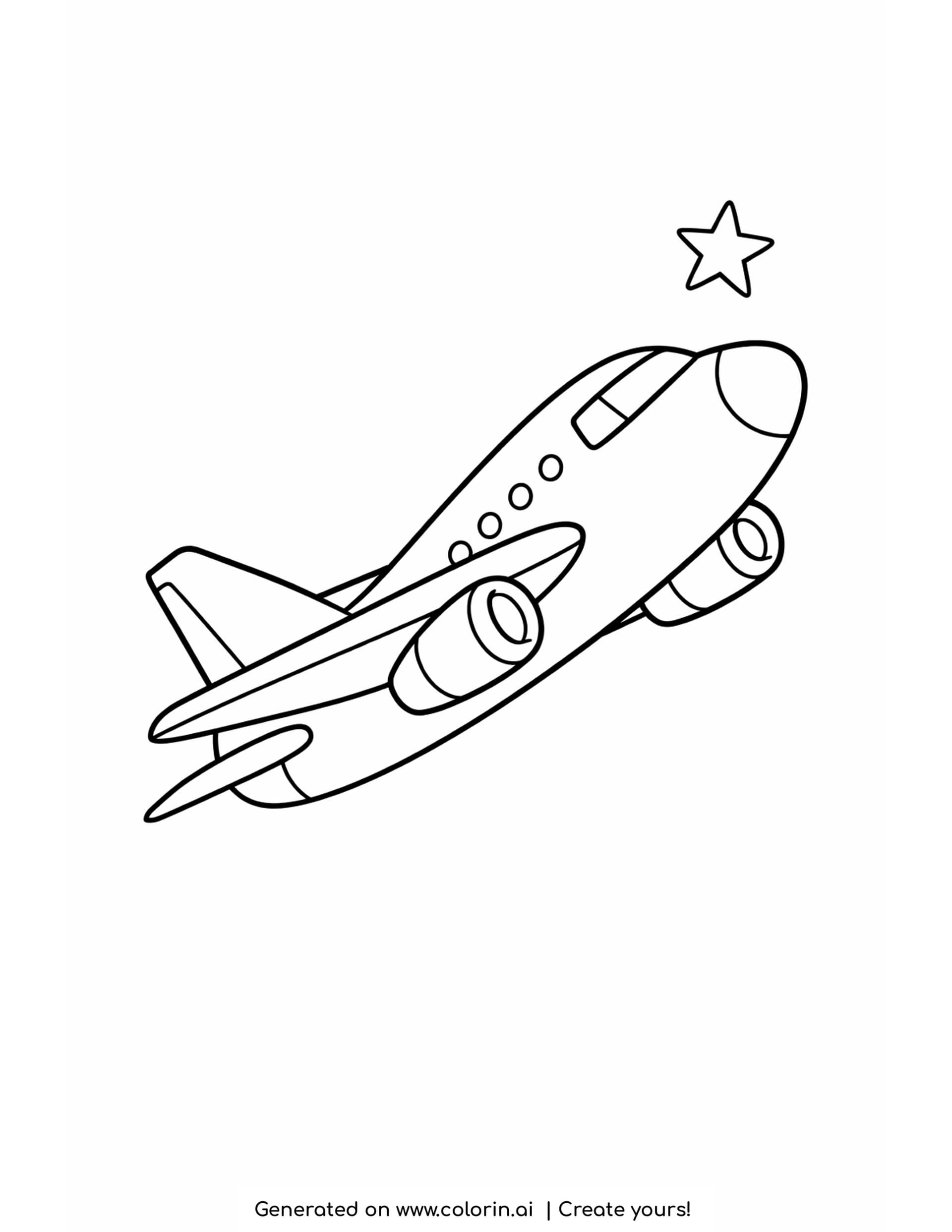 airplane coloring page — one bold simple jet climbing at an angle in thick outlines with a star