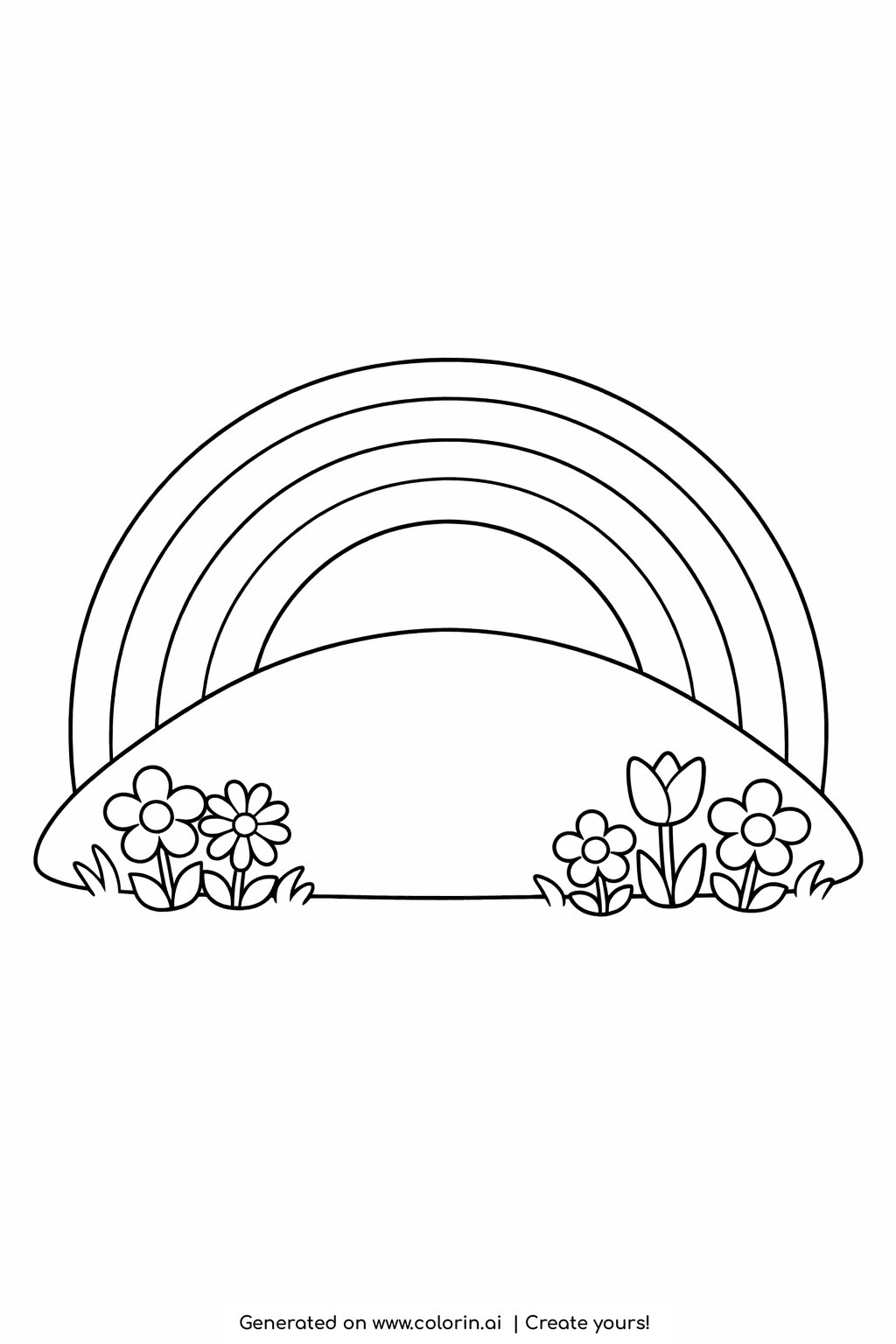 rainbow coloring pages for kids, one bold rainbow arch rising over a single rounded grassy hill