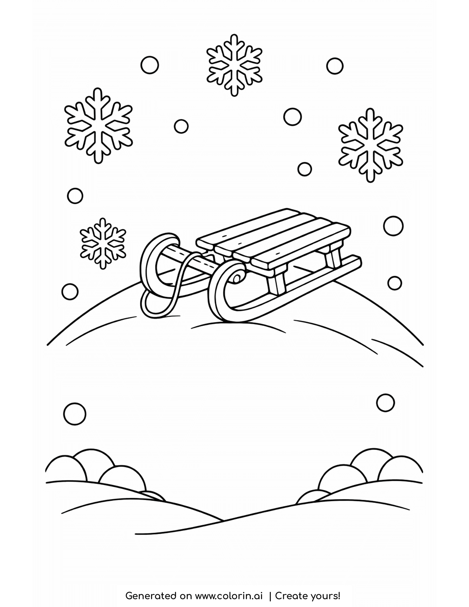 easy winter coloring pages, a simple wooden sled resting on a snowy hill with snowflakes