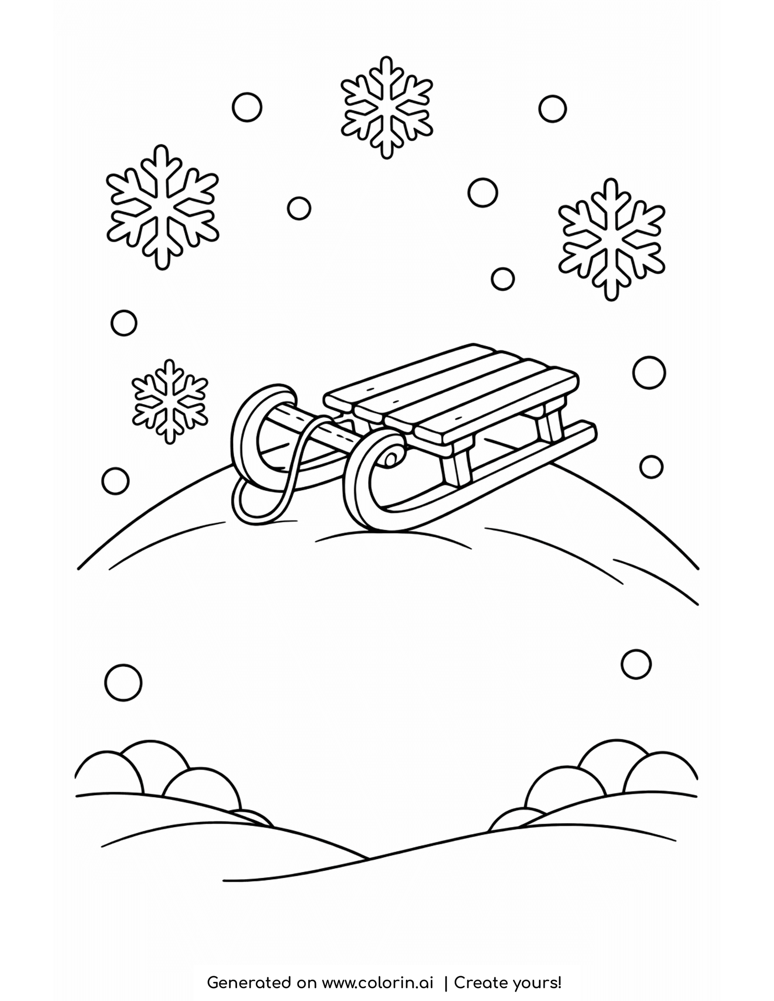 easy winter coloring pages, a simple wooden sled resting on a snowy hill with snowflakes