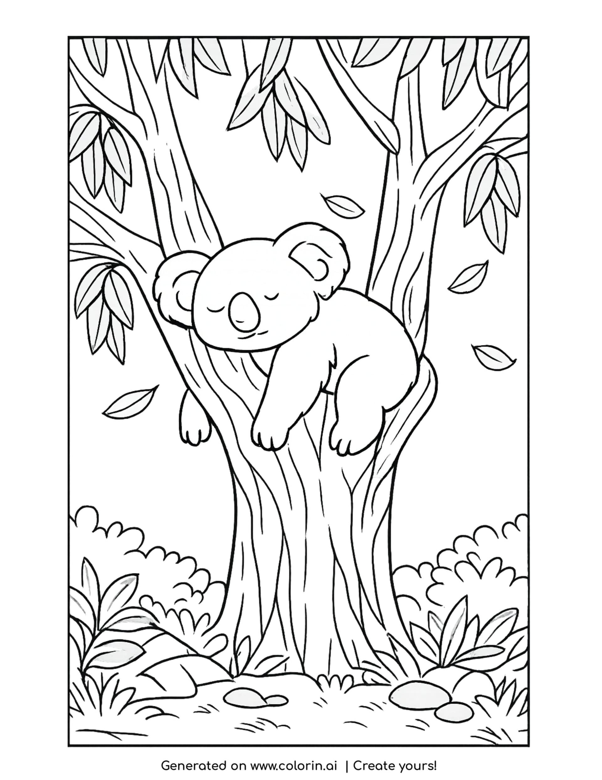 koala coloring pages, a sleepy koala snoozing in the fork of a eucalyptus tree