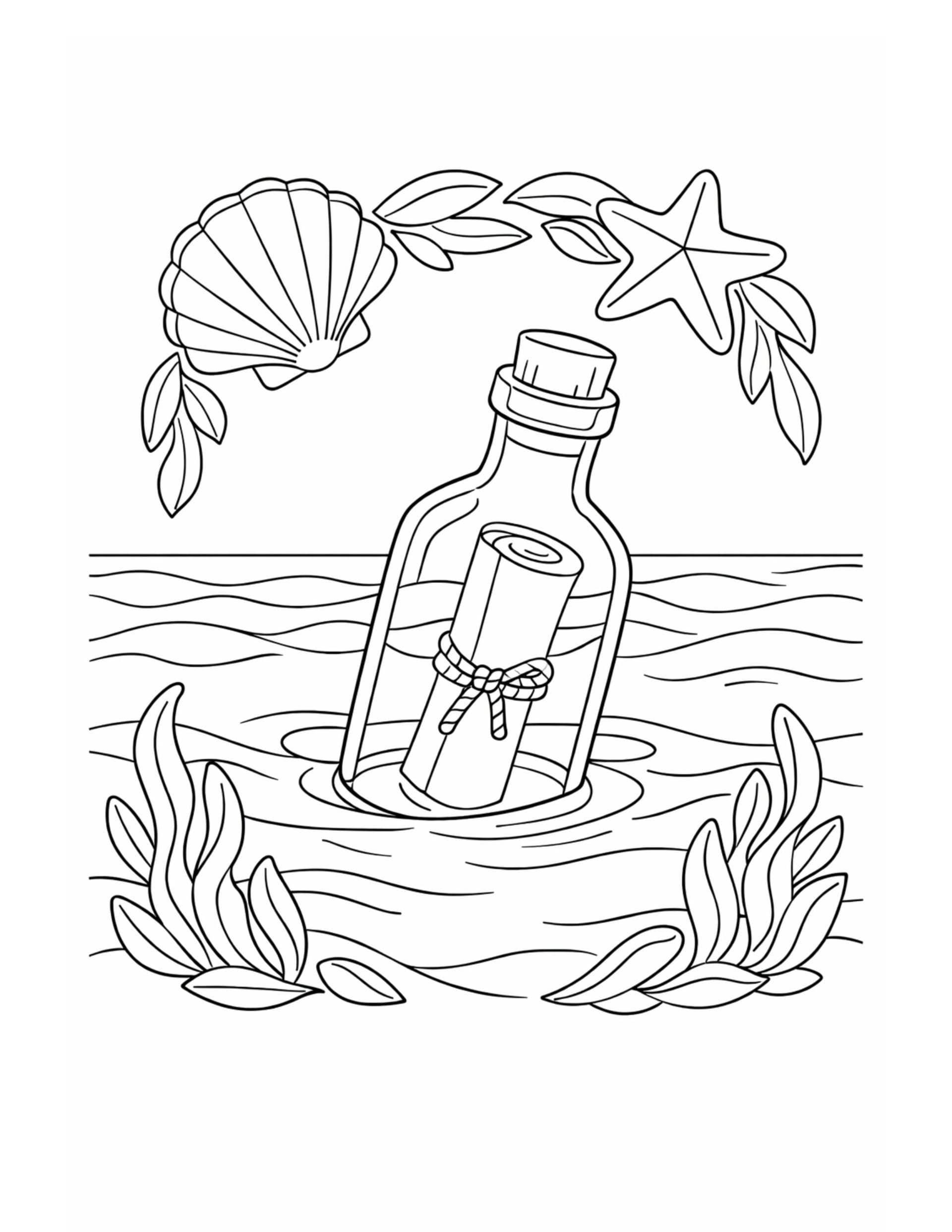 message in a bottle floating coloring page with ocean waves, seaweed, shell, and starfish coloring page